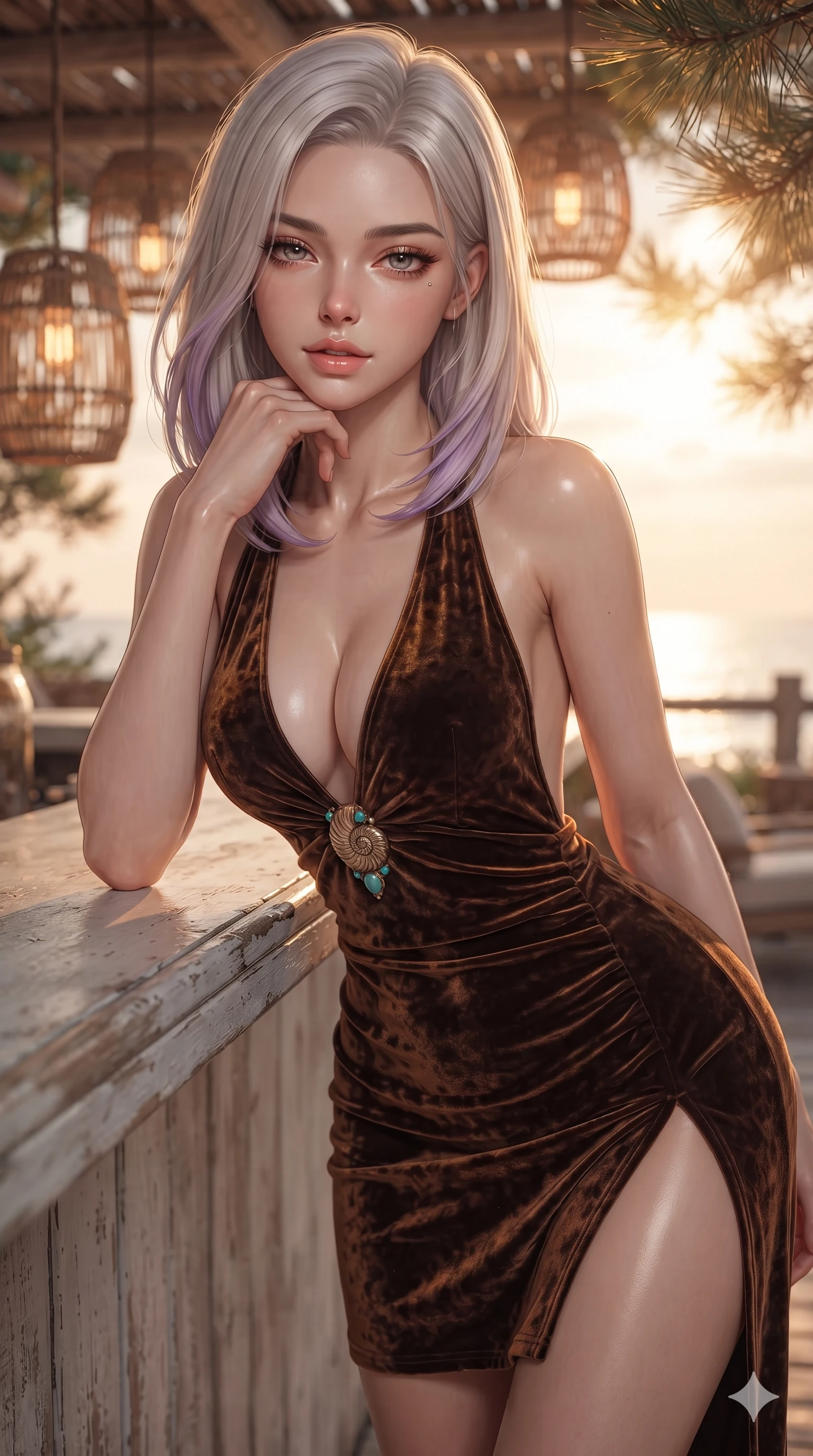score_9, masterpiece, best quality, ultra-detailed, high-budget anime keyframe, editorial fashion photography, tasteful artistic composition, Caucasian woman. close-up cowboy shot from the waist and thighs up, the character dominates the composition, filling the frame with her large presence. resting one elbow on the yacht railing and supporting her chin, leaning close to the camera with heavy-lidded sparkling eyes and parted lips while twisting her slender torso in an alluring S-curve beside hanging rattan lanterns, warm woven light and sunset rays tracing her flat midriff and curvy hips. The background shows a soft-focus coastal pine sunset terrace softened in rustic luxury beach bar shallow focus. She has an exceptionally elegant, slender, and willowy female figure with an ultra-slim waist, flat toned midriff, narrow ribcage, and sculpted feminine hips creating an alluring, slim hourglass silhouette without bulk. sharp v-shaped jawline, high-bridge nose, sparkling eyes with hypnotic seductive depth, thick curled eyelashes, glossy parted lips with a natural dewy peach sheen, alluring bedroom-eyes with an enchanting coquettish smile, exuding magnetic siren charisma and sophisticated glamour, flawlessly proportioned anatomical accuracy, strict slender model proportions, natural body alignment, perfectly sculpted long slender limbs, ultra-slim waistline, clean dynamic posture without body distortion. wearing a backless crushed velvet mini dress with a deep plunging neckline and hip-high thigh slit in dark espresso leather and warm amber highlights, made of fluid liquid jersey with seamless sculpting hold and smooth contours, accented with an authentic engraved gold nautilus shell medallion and turquoise cabochons, the form-contouring cut accentuating her sculpted flat midriff, narrow delicate ribcage, and gracefully curvy hips with intoxicating allure. bathed in the magical, warm 2200K sunset glow filtering horizontally through pine needles mixed with soft amber lantern light. ultra-reflective glossy finish, specular highlights, rich textural contrasts, high-contrast stereoscopic depth, volumetric dynamic lighting, 2k, ultra detail, master piece, 9:16 ratio