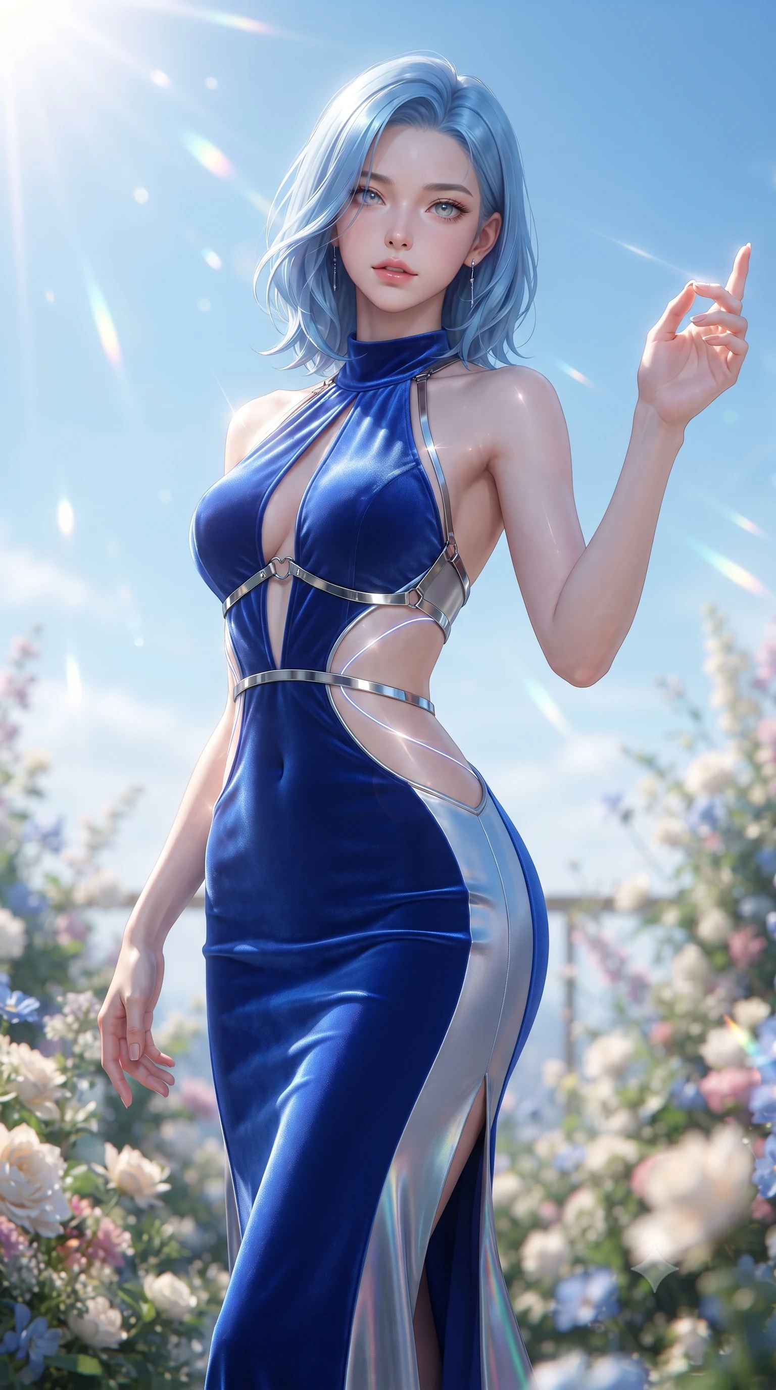 score_9, masterpiece, best quality, ultra-detailed, high-budget anime keyframe, editorial fashion photography, tasteful artistic composition, Korean woman. close-up cowboy shot from the waist and thighs up, the character dominates the composition, filling the frame with her large presence. extending one arm gracefully toward the light while her torso arches in a sleek, alluring curve with magnetic intensity while standing with statuesque poise on a 120th-floor sky-garden terrace flanked by lush blooming flora and clear blue skies. The composition keeps background elements in soft focus with creamy bokeh. brilliant high-altitude sunrays scattering radiant light across a dreamy blue backdrop. She has an exceptionally elegant, slender, and willowy female figure with an ultra-slim waist, a gracefully sculpted slender torso, toned flat midriff, and a refined slim silhouette. sharp v-shaped jawline, high-bridge nose, intricate jewel-like eyes with depth, thick eyelashes, glossy lips with a natural sheen, flawlessly proportioned anatomical accuracy, strict slender model proportions, natural body alignment, perfectly sculpted long slender limbs, ultra-slim waistline, clean dynamic posture without body distortion. wearing a velvet halter-neck midi dress fitting her statuesque contour flawlessly with a Tasteful chest slit and open spine in liquid electric cobalt blue and polished silver, made of smooth iridescent silk chiffon that shifts colors with movement, reinforced by a sleek metallic chrome harness and delicate glowing micro-straps, the precision-cut daring openings accentuating her delicate midriff, graceful bare collarbones, and ultra-slim feminine waistline. illuminated by crisp specular highlights tracing her sculpted collarbones and waistline. ultra-reflective glossy finish, specular highlights, metallic sheen, high-contrast stereoscopic depth, volumetric dynamic lighting, 2k, ultra detail, master piece, 9:16 ratio