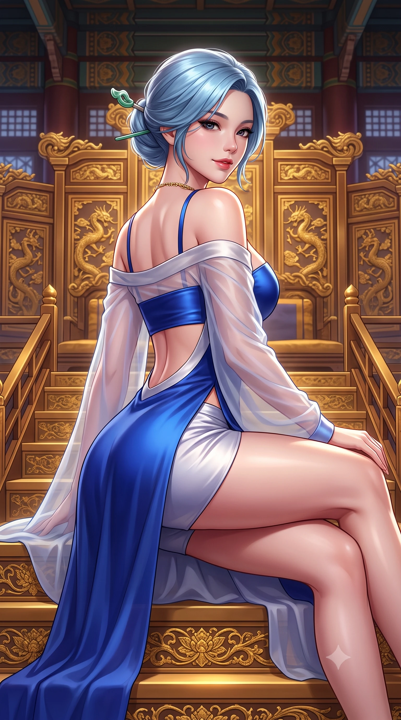 score_9, masterpiece, best quality, ultra-detailed, high-budget anime keyframe, semi-realistic 3D game render, editorial fashion photography, tasteful artistic composition, Korean woman. close-up cowboy shot from the waist and thighs up, the character dominates the composition, filling the frame with her large presence. posing in an alluring rear three-quarter angle, turning over a bare shoulder with an intoxicating gaze, her hips cocked back to highlight her slim hourglass curve while sitting poised on the royal throne steps with legs crossed, her tailored modern hanbok gown radiating majestic high-fashion charisma. The surrounding environment is rendered in vivid detail and crisp panoramic clarity: detailed royal gold embroidery, jewelry sparkle, and monumental palace throne architecture in razor-sharp precision. She has an exceptionally elegant, slender, and willowy female figure with an ultra-slim waist, flat toned midriff, narrow ribcage, and sculpted feminine hips creating an alluring, slim hourglass silhouette without bulk. sharp v-shaped jawline, high-bridge nose, intricate jewel-like dark sparkling almond eyes with depth, thick lashes, glossy parted lips with a natural rose-plum sheen, bright alluring and coquettish smile with bedroom-eyes, exuding both timeless oriental elegance and sovereign high-fashion allure, flawlessly proportioned anatomical accuracy, strict slender model proportions, natural body alignment, perfectly sculpted long slender limbs, ultra-slim waistline, clean dynamic posture without body distortion. wearing a sheer gossamer silk robe draped casually off bare shoulders over a form-fitting strappy satin bandeau and micro-shorts in royal cobalt blue and starlight platinum, tailored from fine crisp cotton-linen with clean structural lines, featuring a modern sculptural jade hair pin securing her loose silky updo, the precision-cut side hip slits and low-back scoop framing her graceful spine and the sensual sweep of her slim, toned hips. illuminated by under-floor warm uplighting and sharp platinum rim lights carving her razor-sharp jawline, narrow waist, and curvy hips. highly saturated vibrant anime colors, detailed shading with soft gradients, rich glossy textures, high-contrast stereoscopic depth, volumetric dynamic lighting, master piece, 9:16 ratio