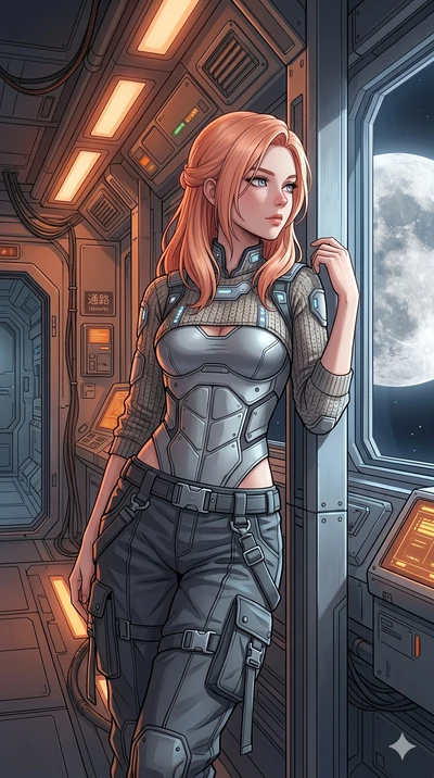 score_9, masterpiece, best quality, ultra-detailed, high-budget anime keyframe, Japanese woman. Upper body close-up from the thighs up, character filling the screen for maximum presence. Inside a space station corridor with windows showing the moon, 