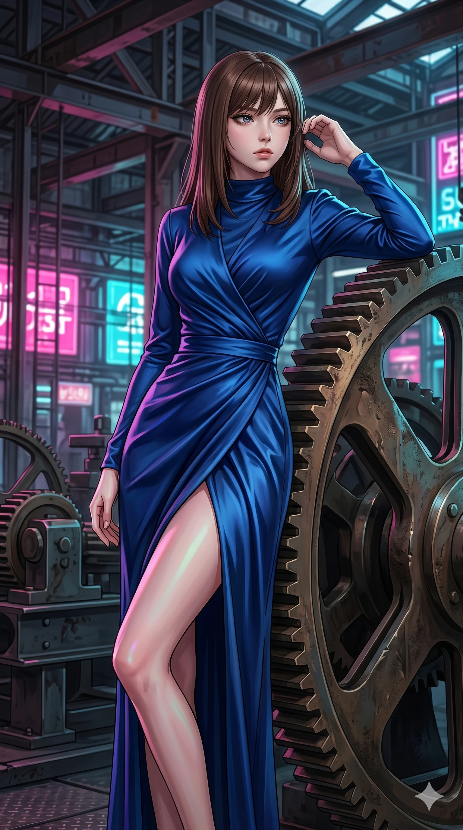 score_9, masterpiece, best quality, ultra-detailed, high-budget anime keyframe, editorial fashion photography, tasteful artistic composition, Korean woman. cowboy shot from the thighs up, character and outfit filling the frame for maximum editorial presence. leaning against a giant gear wheel, looking past the camera with quiet, thoughtful intensity inside a high-fashion industrial warehouse with steel beams (Code-P17-042). She has an absolutely perfect 8-heads proportion, an exceptionally tall and slender female figure with impossibly long slender legs and an ultra-slim waist. V-shaped jawline, high-bridge nose, intricate jewel-like eyes with depth, thick eyelashes, glossy lips with a natural sheen. wearing a long-sleeved high-neck wrap dress in deep sapphire blue satin. vibrant magenta and cyan city lights casting colorful specular highlights on her skin. 2k, ultra detail, master piece, 9:16 ratio