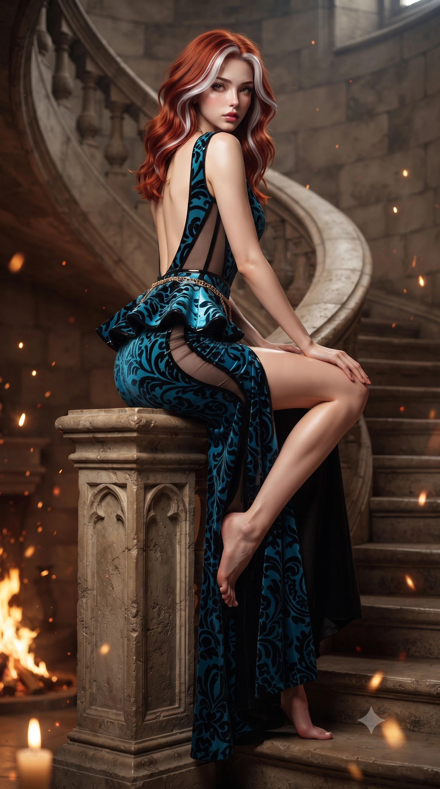 score_9, masterpiece, best quality, ultra-detailed, high-budget anime keyframe, editorial fashion photography, tasteful artistic composition, Caucasian woman. low angle full-body shot from head to toe showing her feet, filling the entire 9:16 vertical frame with her statuesque presence, stretching her vertical silhouette. sitting perched on the elevated edge with hips angled toward the camera and legs crossed, displaying her toned midriff and flawlessly sculpted slender limbs while gliding down the spiraling stone castle staircase with supermodel poise, her high-slit skirt opening to reveal her long slender legs and curvy hips. The composition keeps background elements in soft focus with creamy bokeh. rising fireplace sparks and candle flame refractions scattering warm decadent amber light motes. She has an exceptionally tall and slender model-like 8.5-heads proportion, an ultra-slim waist, a flat toned midriff, narrow delicate ribcage, and beautifully sculpted feminine hips creating a graceful, slim hourglass silhouette without any bulky heaviness, with impossibly long slender legs. sharp v-shaped jawline, high-bridge nose, intricate jewel-like eyes with depth, thick eyelashes, glossy parted lips with a natural sheen, intensely captivating and seductive bedroom-eyes expression, flawlessly proportioned anatomical accuracy, strict slender model proportions, natural body alignment, perfectly sculpted long slender limbs, ultra-slim waistline, clean dynamic posture without body distortion. wearing a structural geometric peplum gown with sheer side-ribbon cutouts and form-fitting skirt in electric cyan and high-gloss lacquer black, made of sheer contouring power-mesh with velvet flocking patterns, accented with a delicate gold chain belt resting loosely on her curvy hips, the dramatically scooped open back descending to the base of her spine, accentuating her razor-sharp statuesque lines and slim hourglass silhouette. surrounded by an aristocratic, untamed, and dangerously captivating Scottish highland duchess aura. ultra-reflective glossy finish, specular highlights, rich textural contrasts, high-contrast stereoscopic depth, volumetric dynamic lighting, 2k, ultra detail, master piece, 9:16 ratio