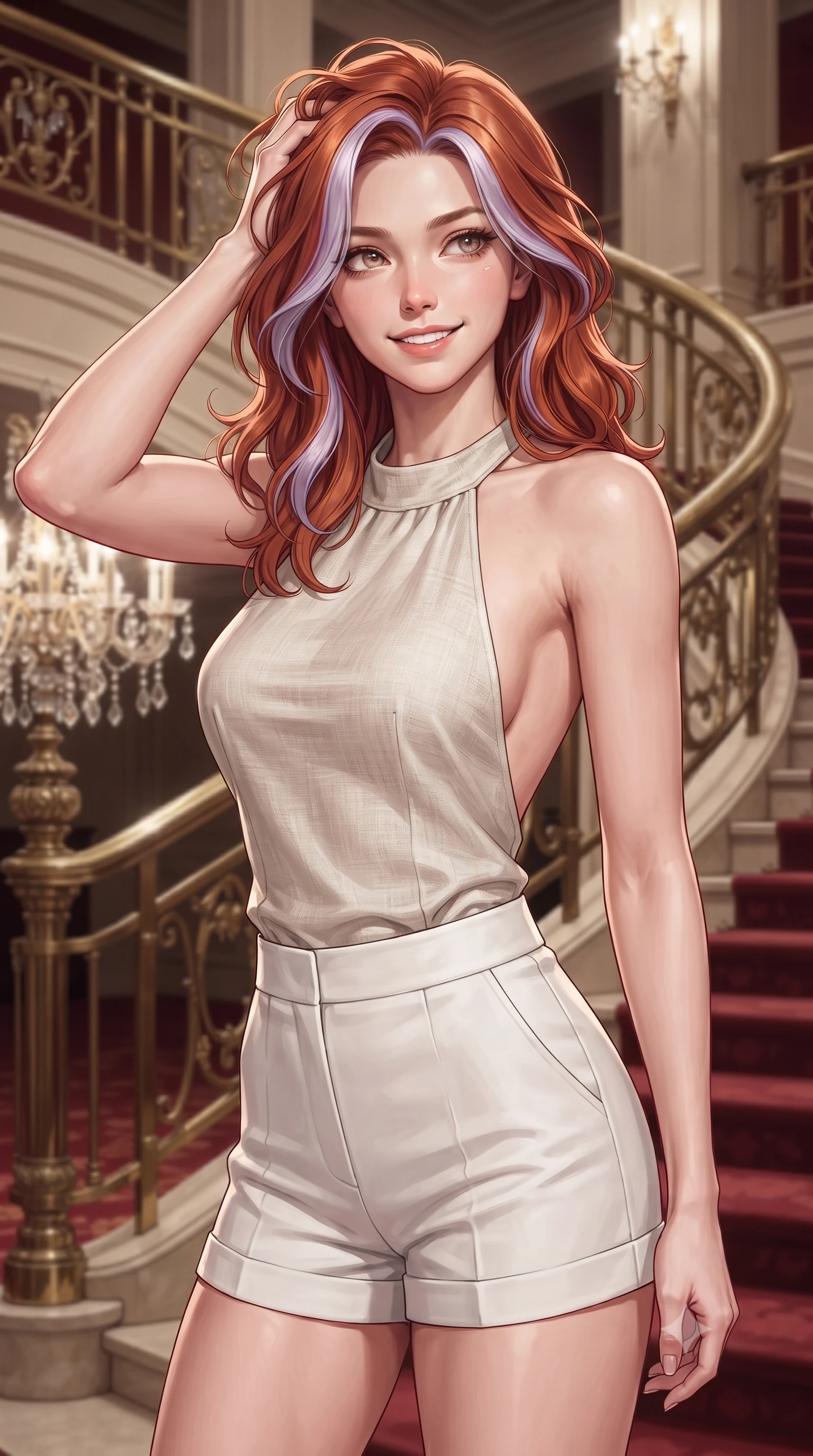 score_9, masterpiece, best quality, ultra-detailed, high-budget anime keyframe, editorial fashion photography, tasteful artistic composition, Caucasian woman. close-up cowboy shot from the waist and thighs up, the character dominates the composition, filling the frame with her large presence, background elements kept in soft focus. smiling with quiet, magnetic self-assurance directly into the camera, running a hand through her hair the background shows a soft-focus the grand staircase lobby of an opera house with brass railings and crystal details. She has an exceptionally elegant, slender, and willowy female figure with an ultra-slim waist, a gracefully sculpted slender torso, and a refined silhouette. sharp v-shaped jawline, high-bridge nose, intricate jewel-like eyes with depth, thick eyelashes, glossy lips with a natural sheen. wearing a body-hugging stylish linen halter top with an open-back design, paired with white micro-shorts. soft spotlighting highlighting the silk textures of her gown. ultra-reflective glossy finish, specular highlights, metallic sheen, high-contrast stereoscopic depth, volumetric dynamic lighting, 2k, ultra detail, master piece, 9:16 ratio