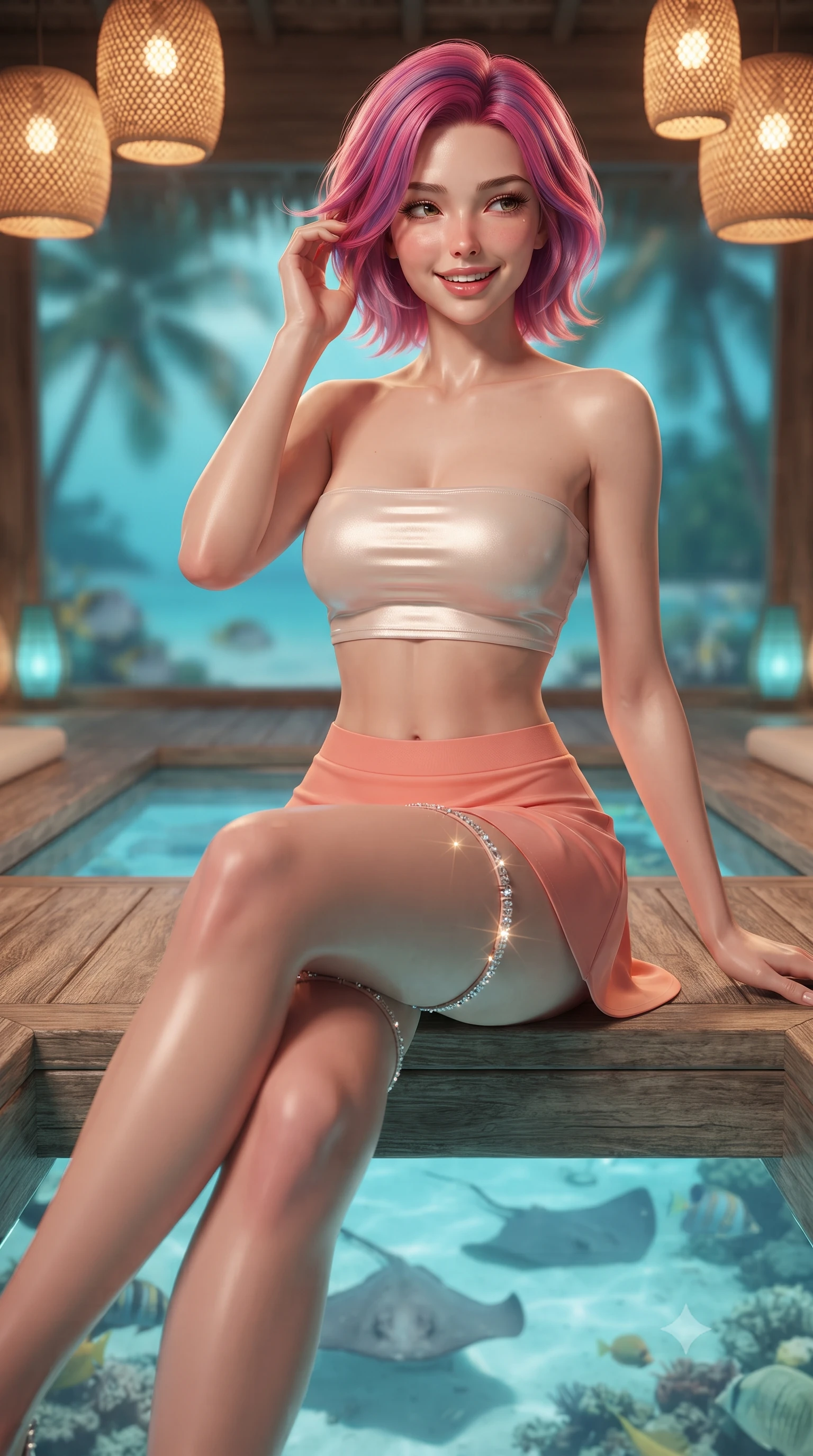 score_9, masterpiece, best quality, ultra-detailed, high-budget anime keyframe, editorial fashion photography, tasteful artistic composition, Caucasian woman. close-up cowboy shot from the waist and thighs up, the character dominates the composition, filling the frame with her large presence. gently brushing a lock of hair behind her ear while casting a playful, flirtatious side-gaze with long eyelashes while sitting gracefully on the massage platform with legs crossed and angled, flashing a radiant, playful smile with parted glossy lips. The background shows a soft-focus swimming stingrays and tropical reef fish visible through glass floor, open lagoon breeze, and distant coconut palm silhouettes blurred into turquoise, emerald, and cream bokeh. She has an exceptionally elegant, slender, and willowy female figure with an ultra-slim waist, flat toned midriff, narrow ribcage, and sculpted feminine hips creating an alluring, slim hourglass silhouette without bulk. sharp v-shaped jawline, high-bridge nose, intricate jewel-like sparkling eyes with depth, thick eyelashes, glossy parted lips with a natural peach sheen, bright cheerful beaming smile with an enchanting and coquettish sensual glint, exuding both youthful cute charm and seductive allure, flawlessly proportioned anatomical accuracy, strict slender model proportions, natural body alignment, perfectly sculpted long slender limbs, ultra-slim waistline, clean dynamic posture without body distortion. wearing an ultra-cropped fitted bandeau top paired with a micro mini tennis skirt revealing her flat toned midriff in North Malé sandbank mother-of-pearl and warm coral blush, made of fluid liquid jersey with seamless sculpting hold and smooth contours, finished with delicate crystal-encrusted thigh garter straps glinting in the dim light, the impeccably tailored cut draping gracefully along her slender figure with aristocratic poise. bathed in the warm 2500K glow of woven bamboo lantern fixtures combined with clear cyan water uplights. ultra-reflective glossy finish, specular highlights, rich textural contrasts, high-contrast stereoscopic depth, volumetric dynamic lighting, 2k, ultra detail, master piece, 9:16 ratio