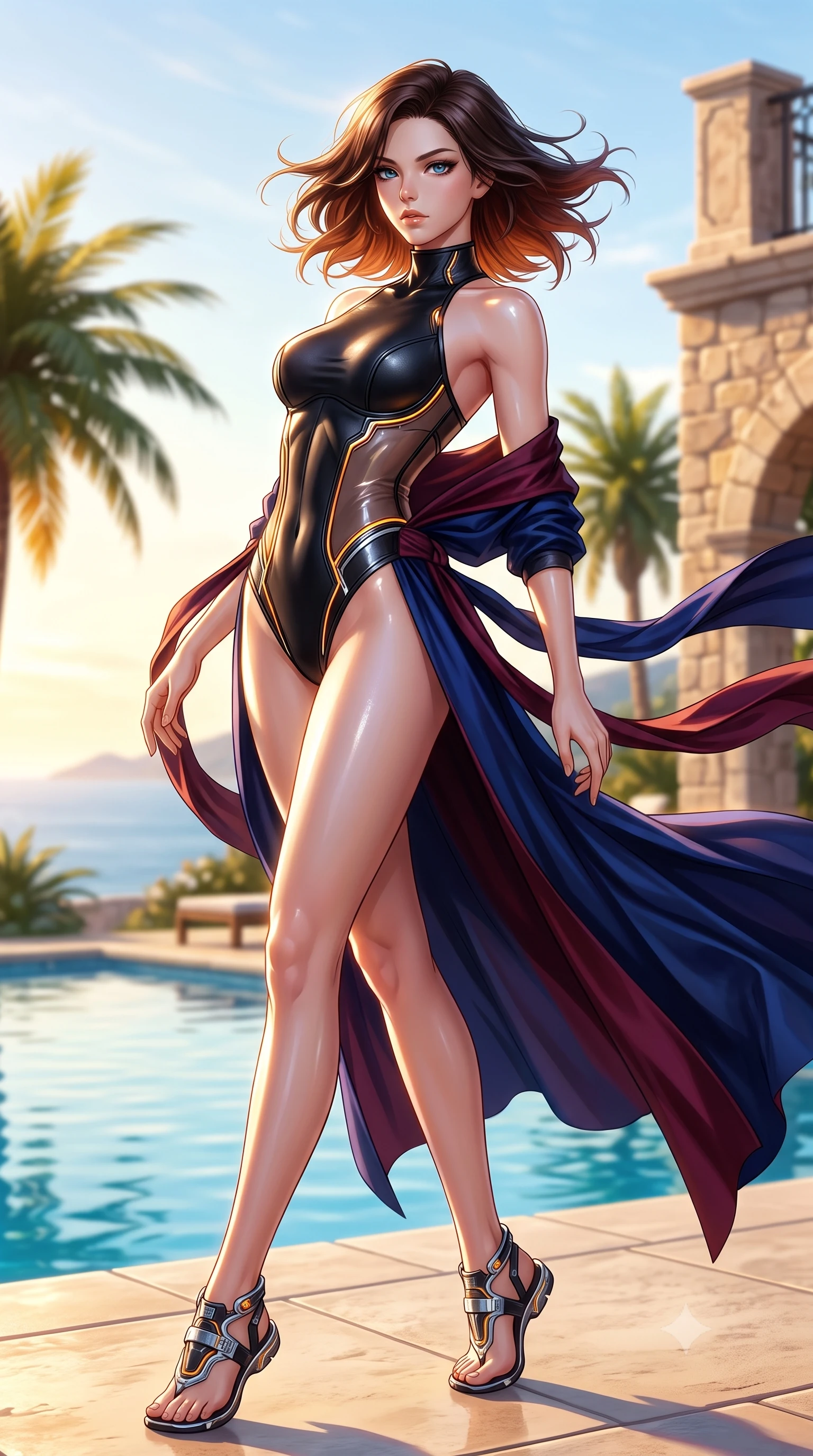 score_9, masterpiece, best quality, ultra-detailed, high-budget anime keyframe, semi-realistic 3D game render, editorial fashion photography, tasteful artistic composition, Korean woman. low angle full-body shot from head to toe showing her feet, filling the entire 9:16 vertical frame with her statuesque presence, stretching her vertical silhouette. arching her back in a fluid zero-gravity turn with sovereign grace, her long slender legs and sculpted torso creating a sweeping line while arching her spine in a fluid stretch on a sun-drenched pool deck as warm coastal winds billow her draped silk outfit. The composition keeps background elements in soft focus with creamy bokeh. brilliant Mediterranean sunlight scattering bright specular highlights across a soft-focus backdrop. She has an absolutely perfect, statuesque 8.5-heads proportion, an exceptionally tall and slender model-like female figure with impossibly long slender legs, a toned flat midriff, and an ultra-slim waist. sharp v-shaped jawline, high-bridge nose, intricate jewel-like eyes with depth, thick eyelashes, glossy lips with a natural sheen, flawlessly proportioned anatomical accuracy, strict slender model proportions, natural body alignment, perfectly sculpted long slender limbs, ultra-slim waistline, clean dynamic posture without body distortion. wearing a glossy white second-skin latex bodysuit with high-thigh cuts, exposed clavicle neckline, and gleaming zipper details in deep royal navy blue and specular chrome, tailored from semi-translucent cybernetic vinyl with glowing micro-filaments, accented with glowing fiber-optic seams tracing her collarbones and hip curves, the sleek second-skin cut tightly hugging her graceful clavicle, narrow waist, and feminine curves with athletic precision. illuminated by clear sky fill light and sparkling specular highlights tracing her slender curves. highly saturated vibrant anime colors, detailed shading with soft gradients, rich glossy textures, high-contrast stereoscopic depth, volumetric dynamic lighting, master piece, 9:16 ratio