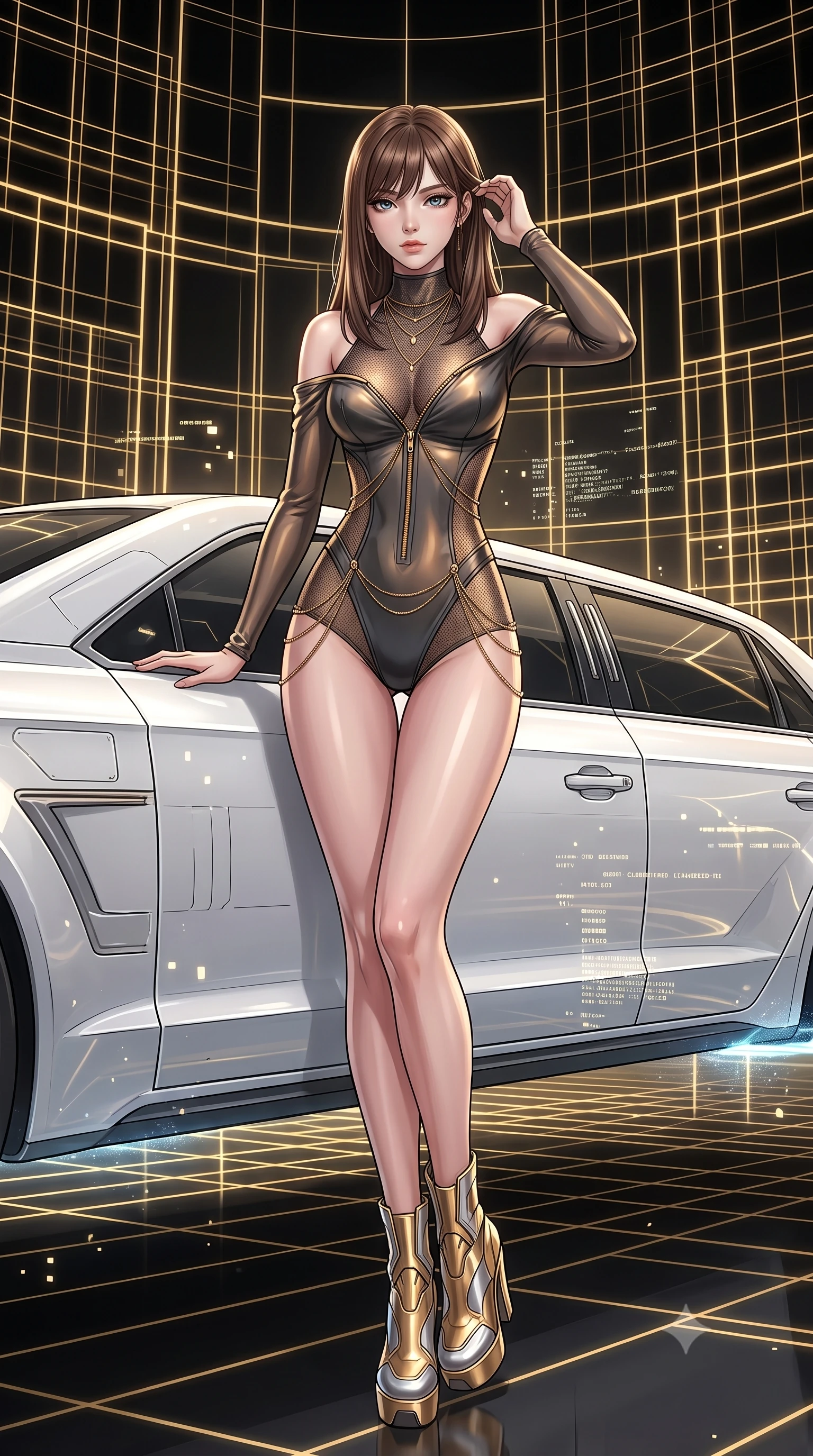 score_9, masterpiece, best quality, ultra-detailed, High-budget Anime Keyframe, East Asian woman. Dynamic full-body shot stretching the vertical silhouette to the limit. Scenario 292: leaning against a sleek white hover-limousine by a digital arena where gold gridlines project onto the black walls. Her presence is magnetic and overpowering in this high-budget anime scene. Outfit 292: a body-hugging molten liquid silk mesh with a unzipped detail and fine gold chains. The clothing is designed to emphasize her exceptionally tall and slender 8-heads proportion. 8-heads proportion, towering silhouette, ultra-slim waist. sharp v-shaped jawline, intricate jewel-like eyes with depth, thick eyelashes, glossy lips. 2k, ultra detail, master piece, 9:16 ratio
