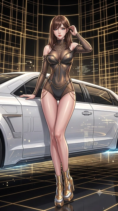 score_9, masterpiece, best quality, ultra-detailed, High-budget Anime Keyframe, East Asian woman. Dynamic full-body shot stretching the vertical silhouette to the limit. Scenario 292: leaning against a sleek white hover-limousine by a digital arena w