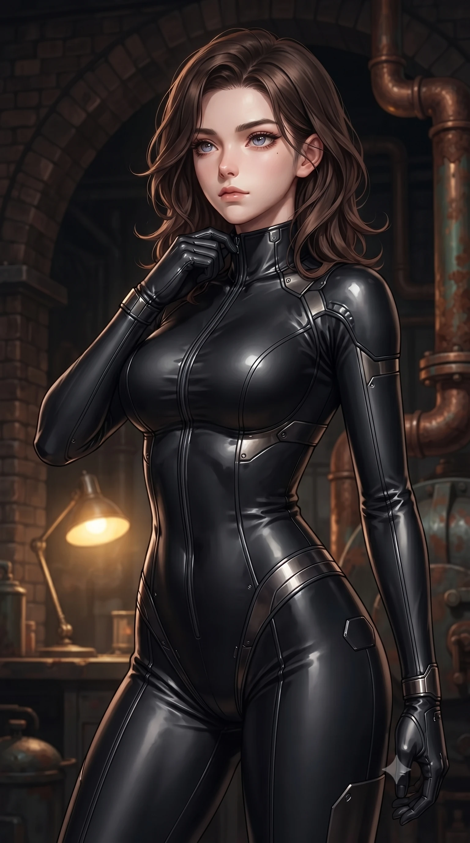 score_9, masterpiece, best quality, ultra-detailed, high-budget anime keyframe, editorial fashion photography, tasteful artistic composition, Korean woman. close-up cowboy shot from the waist and thighs up, the character dominates the composition, filling the frame with her large presence, background elements kept in soft focus. adjusting the high collar of her body-hugging suit, looking past the camera with quiet, sharp focus and a composed expression, the background shows a soft-focus a boiler room cockpit with dark brick arches and heavy copper piping. She has an exceptionally elegant, slender, and willowy female figure with an ultra-slim waist, a gracefully sculpted slender torso, and a refined silhouette. sharp v-shaped jawline, high-bridge nose, intricate jewel-like eyes with depth, thick eyelashes, glossy lips with a natural sheen. wearing a form-contouring form-fitting cybernetic combat suit in matte black latex, tracing her willowy silhouette with a high neck. warm yellow table lamp casting cozy shadows on her refined, slender silhouette. ultra-reflective glossy finish, specular highlights, metallic sheen, high-contrast stereoscopic depth, volumetric dynamic lighting, 2k, ultra detail, master piece, 9:16 ratio