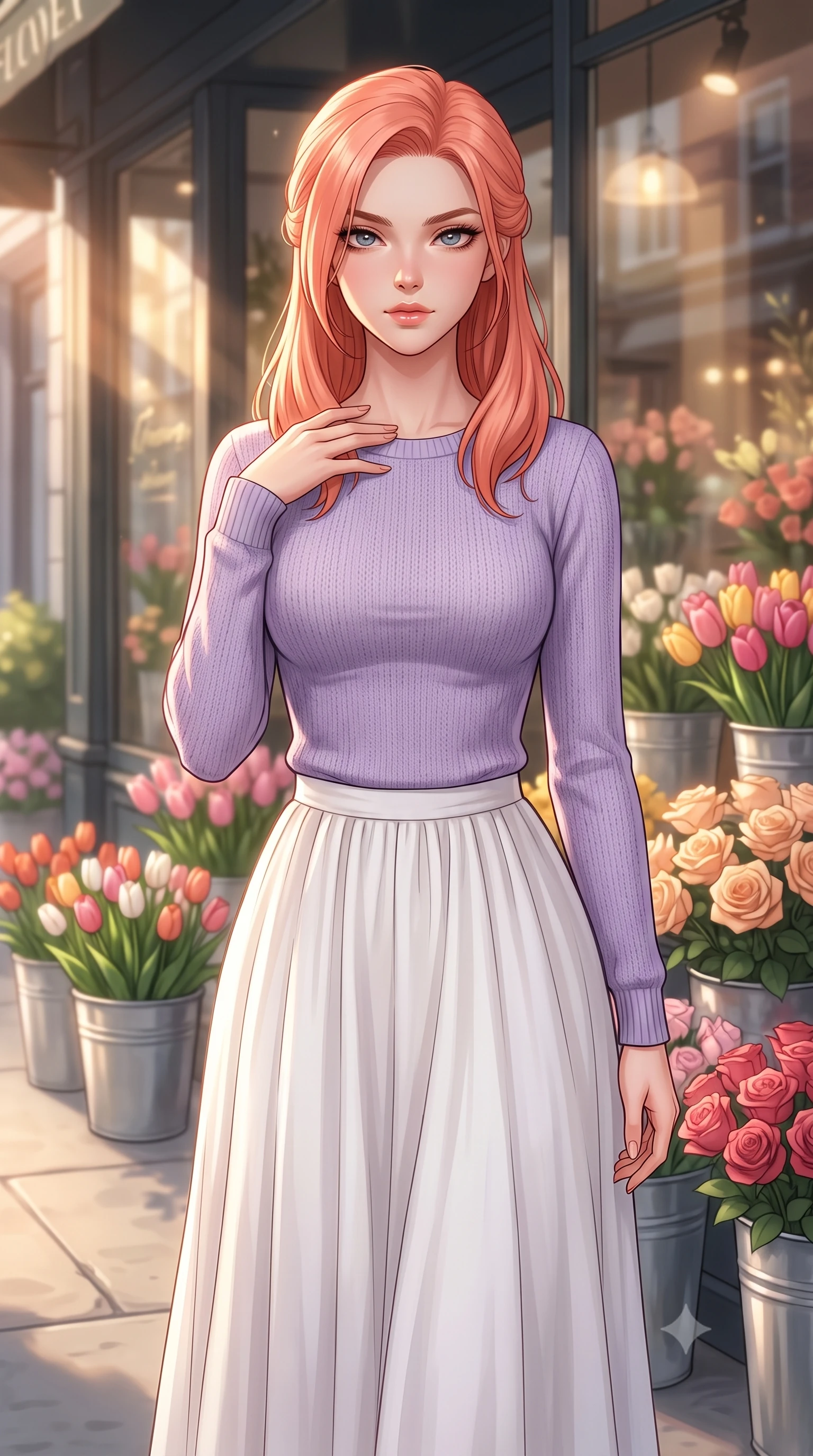 score_9, masterpiece, best quality, ultra-detailed, high-budget anime keyframe, editorial fashion photography, tasteful artistic composition, Japanese woman woman. close-up cowboy shot from the waist and thighs up, the character dominates the composition, filling the frame with her large presence, background elements kept in soft focus. standing with one hand resting on her collarbone, looking at the viewer with bedroom-eyes the background shows a soft-focus the front of a chic flower shop in the city, with buckets of fresh tulips and roses on the sidewalk. She has an exceptionally elegant, slender, and willowy female figure with an ultra-slim waist, a gracefully sculpted slender torso, and a refined silhouette. sharp v-shaped jawline, high-bridge nose, intricate jewel-like eyes with depth, thick eyelashes, glossy lips with a natural sheen. wearing a slim-fit comfortable lavender knit sweater paired with a flowy white cotton maxi skirt. warm afternoon sunbeams reflecting off the glass shopfront and colorful flowers. 2k, ultra detail, master piece, 9:16 ratio