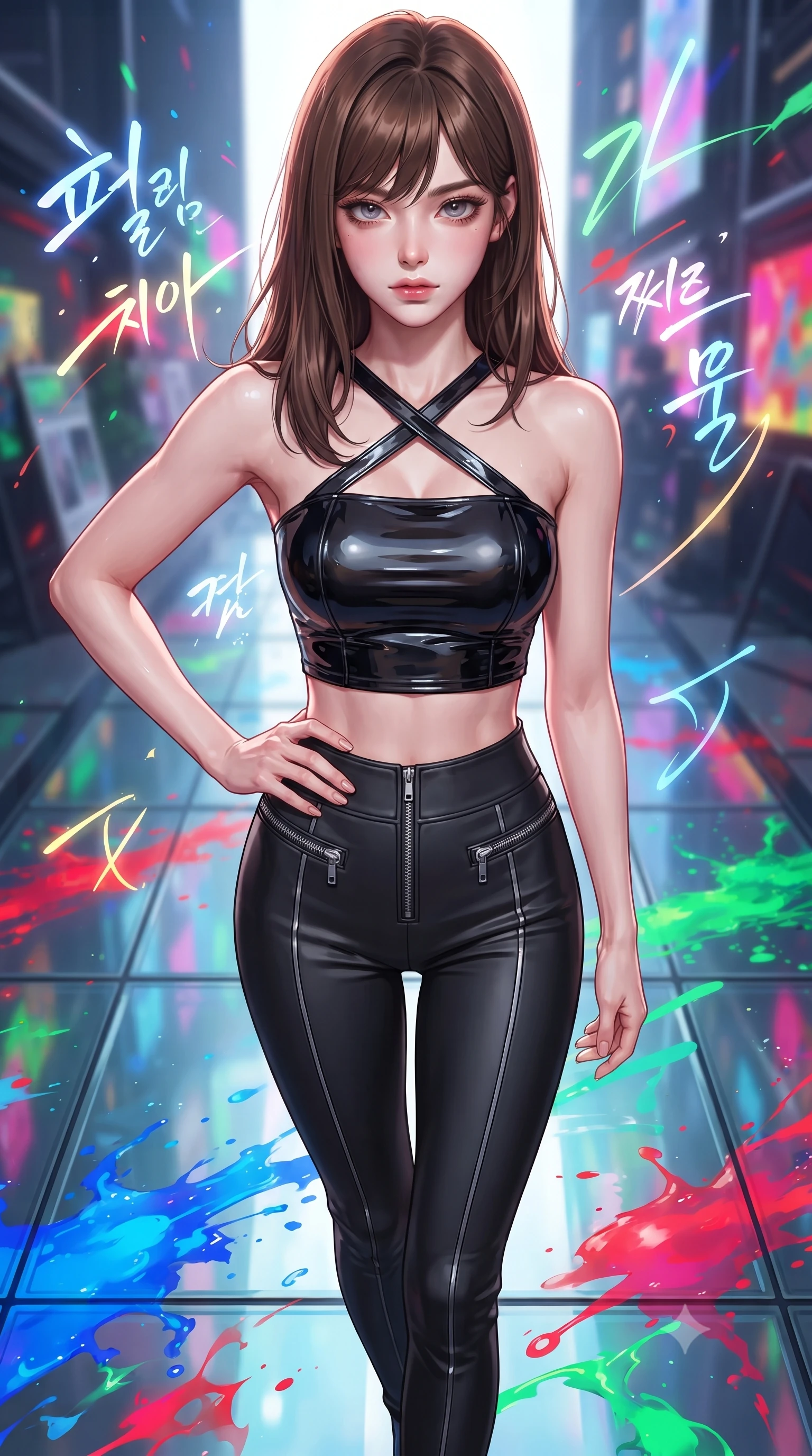 score_9, masterpiece, best quality, ultra-detailed, high-budget anime keyframe, editorial fashion photography, tasteful artistic composition, Korean woman. close-up cowboy shot from the waist and thighs up, the character dominates the composition, filling the frame with her large presence, background elements kept in soft focus. Holding a confident power pose with one hand on her hip, gazing directly into the camera with quiet intensity stepping across a reflective glass floor drenched in vibrant fluid splashes, glowing neon brushstrokes floating poetically around her silhouette. She has an exceptionally elegant, slender, and willowy female figure with an ultra-slim waist, a gracefully sculpted slender torso, and a refined silhouette. sharp v-shaped jawline, high-bridge nose, intricate jewel-like eyes with depth, thick eyelashes, glossy lips with a natural sheen. wearing a glossy vinyl crop top and high-waist tailored leggings with sleek zippers in matte black and polished silver, crafted from smooth liquid silk, complemented by criss-cross back straps highlighting her bare shoulders, the glove-like fit emphasizing her statuesque silhouette. drenched in bright white key light with colorful prismatic rim lighting. highly saturated vibrant anime colors, detailed shading with soft gradients, rich glossy textures, high-contrast stereoscopic depth, volumetric dynamic lighting, master piece, 9:16 ratio