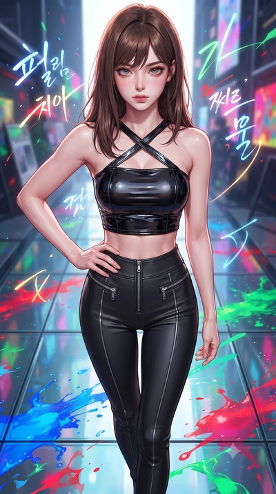 score_9, masterpiece, best quality, ultra-detailed, high-budget anime keyframe, editorial fashion photography, tasteful artistic composition, Korean woman. close-up cowboy shot from the waist and thighs up, the character dominates the composition, fi