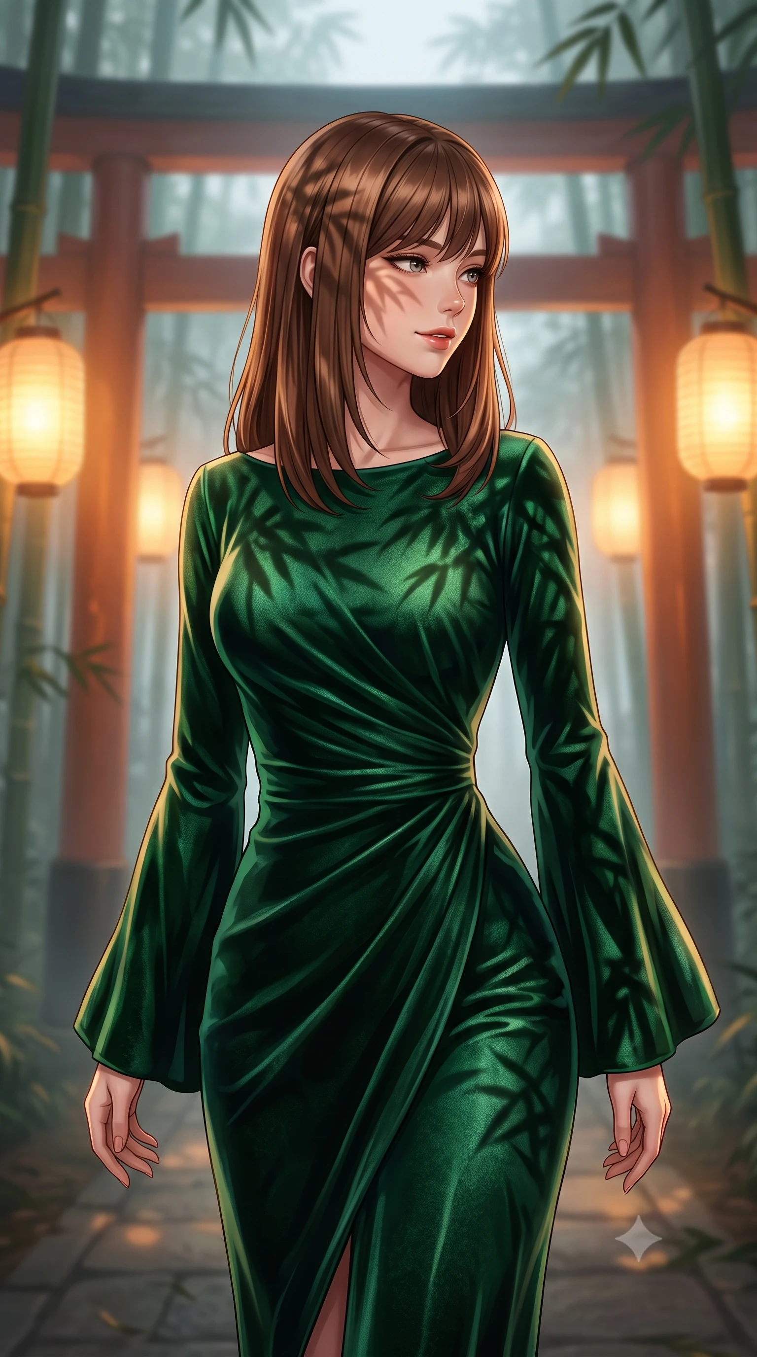 score_9, masterpiece, best quality, ultra-detailed, high-budget anime keyframe, editorial fashion photography, tasteful artistic composition, Korean woman woman. close-up cowboy shot from the waist and thighs up, the character dominates the composition, filling the frame with her large presence, background elements kept in soft focus. She has an exceptionally elegant, slender, and willowy female figure with an ultra-slim waist, a gracefully sculpted slender torso, and a refined silhouette. glancing sidelong over her shoulder with a smoldering, magnetic half-smile, flawlessly proportioned anatomical accuracy, natural body alignment, perfectly sculpted elegant limbs, clean dynamic posture without body distortion. set against a soft-focus background of a misty bamboo torii shrine path with glowing paper lanterns. wearing a luxurious velvet wrap gown with long bell sleeves and a modest boat neckline. bathed in warm amber lantern light casting soft organic bamboo leaf stencil shadows. highly saturated vibrant anime colors, detailed shading with soft gradients, rich glossy textures, high-contrast stereoscopic depth, volumetric dynamic lighting, master piece, 9:16 ratio
