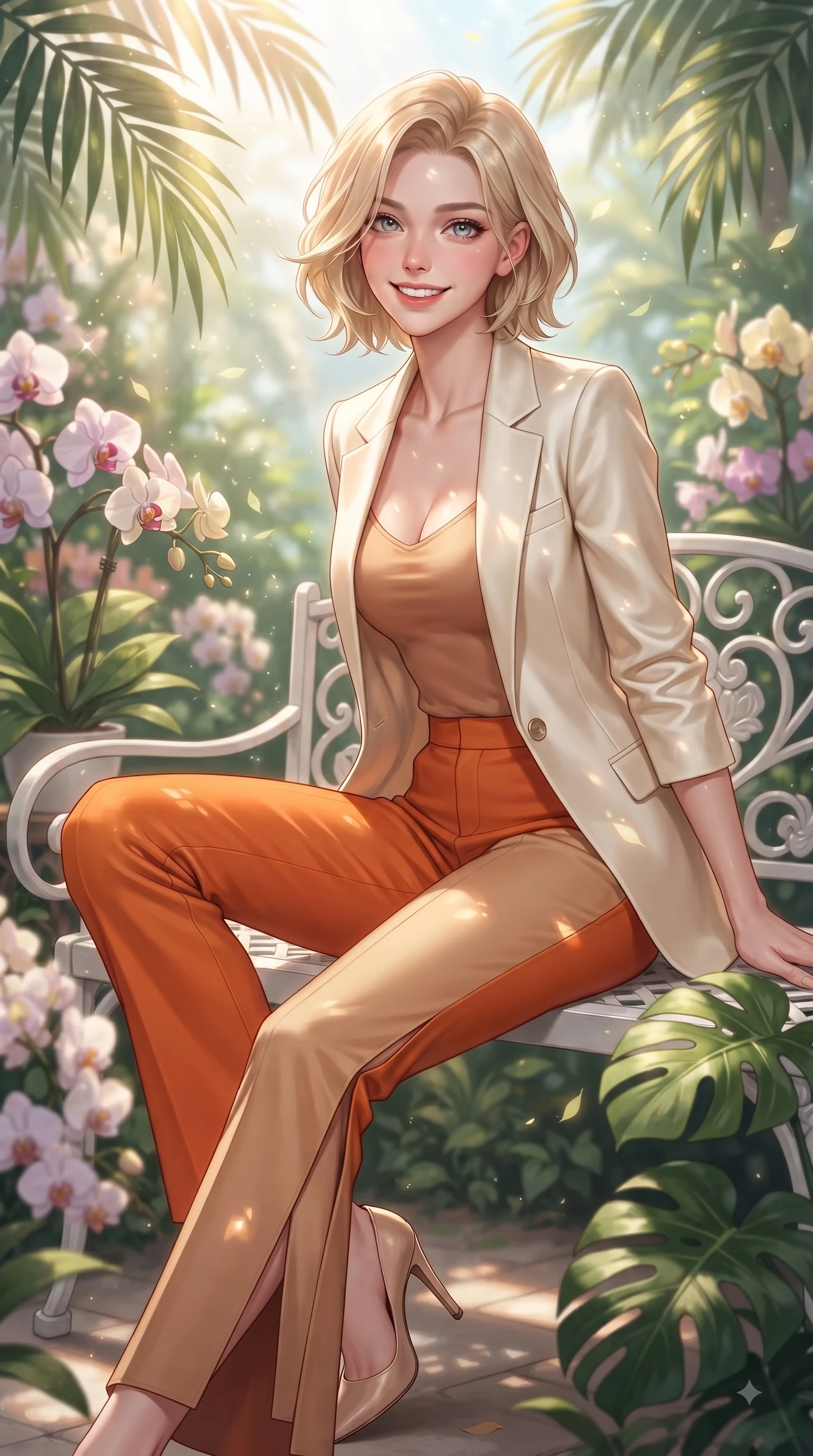 score_9, masterpiece, best quality, ultra-detailed, high-budget anime keyframe, editorial fashion photography, tasteful artistic composition, Caucasian woman. close-up cowboy shot from the waist and thighs up, the character dominates the composition, filling the frame with her large presence. Youthful bright smile exuding pure cute charm and fresh energy, her torso turning dynamically into the lens while sitting on a white iron garden bench surrounded by blooming orchids and Monstera leaves. The composition keeps background elements in soft focus with dreamy bokeh. sunbeams filtering through palm leaves scattering soft background light motes. She has an exceptionally elegant, slender, and willowy female figure with an ultra-slim waist, a gracefully sculpted slender torso, and a refined silhouette. sharp v-shaped jawline, high-bridge nose, intricate jewel-like eyes with depth, thick eyelashes, glossy lips with a natural sheen, flawlessly proportioned anatomical accuracy, natural body alignment, perfectly sculpted elegant limbs, clean dynamic posture without body distortion. wearing a tailored cream silk blazer over a fitted scoop-neck camisole and slacks in bright burnt orange and warm beige, crafted from smooth liquid silk satin, featuring a sleek side leg slit ascending to mid-thigh, the tailored fabric tightly following every curve of her athletic build. illuminated by fresh botanical sunbeams casting delicate leaf patterns. ultra-reflective glossy finish, specular highlights, metallic sheen, high-contrast stereoscopic depth, volumetric dynamic lighting, 2k, ultra detail, master piece, 9:16 ratio