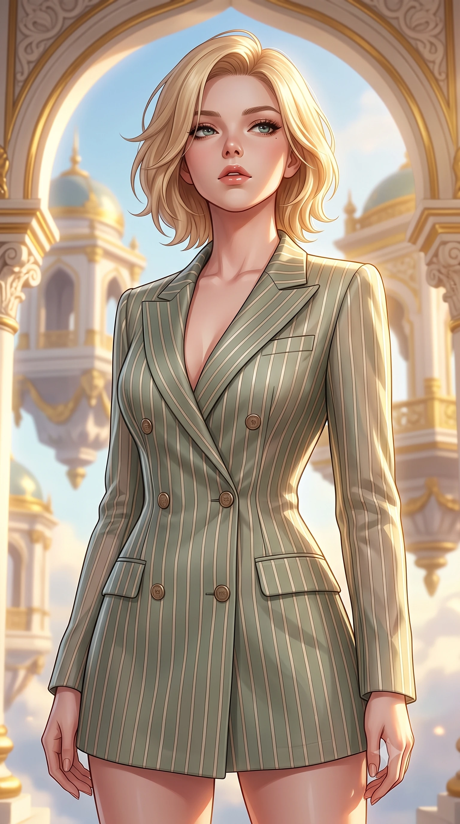 score_9, masterpiece, best quality, ultra-detailed, high-budget anime keyframe, editorial fashion photography, tasteful artistic composition, Caucasian woman. close-up cowboy shot from the waist and thighs up, the character dominates the composition, filling the frame with her large presence, background elements kept in soft focus. Tilting her chin up slightly with lips parted in a magnetic, composed expression gazing out at a dreamlike palace archipelago suspended in golden hour light, opulent gold-leaf trim and carved ivory archways framed beautifully. She has an exceptionally elegant, slender, and willowy female figure with an ultra-slim waist, a gracefully sculpted slender torso, and a refined silhouette. sharp v-shaped jawline, high-bridge nose, intricate jewel-like eyes with depth, thick eyelashes, glossy lips with a natural sheen. wearing a double-breasted blazer dress with metallic pin-stripes in sage green and oatmeal, woven from fine semi-opaque sheer organza, accented with a Tasteful chest slit framing her clavicle gracefully, the elegant draped fit framing her graceful clavicle and slender torso. surrounded by a bright, luxurious aura of warm sunshine and sky reflections. highly saturated vibrant anime colors, detailed shading with soft gradients, rich glossy textures, high-contrast stereoscopic depth, volumetric dynamic lighting, master piece, 9:16 ratio