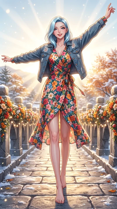 score_9, masterpiece, best quality, ultra-detailed, high-budget anime keyframe, vibrant anime aesthetic, Korean woman. low angle full-body shot from head to toe showing her feet, filling the entire 9:16 vertical frame with her statuesque presence, st