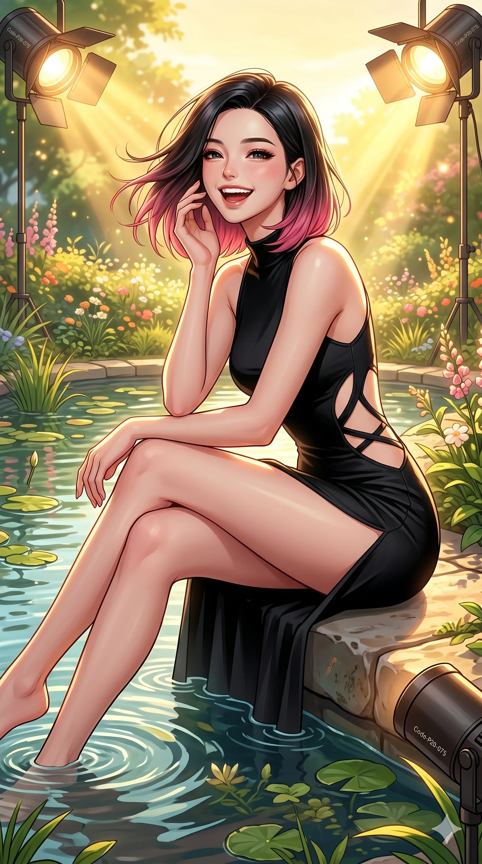score_9, masterpiece, best quality, ultra-detailed, high-budget anime keyframe, vibrant anime aesthetic, Korean woman. cowboy shot from the thighs up, character and outfit filling the frame for maximum presence. She is sitting by the garden pond, laughing wind-swept and happy in the sunbeams inside a high-fashion editorial set with warm spot lights (Code-P20-075). She has an absolutely perfect 8-heads proportion, an exceptionally tall and slender female figure with impossibly long slender legs and an ultra-slim waist. V-shaped jawline, high-bridge nose, intricate jewel-like eyes with depth, thick eyelashes, glossy lips with a natural sheen. wearing a bodycon dress with side cut-outs and high-slit leg line. She is brilliant golden rays radiating from the spring sky, creating a warm glowing atmosphere. 2k, ultra detail, master piece, 9:16 ratio