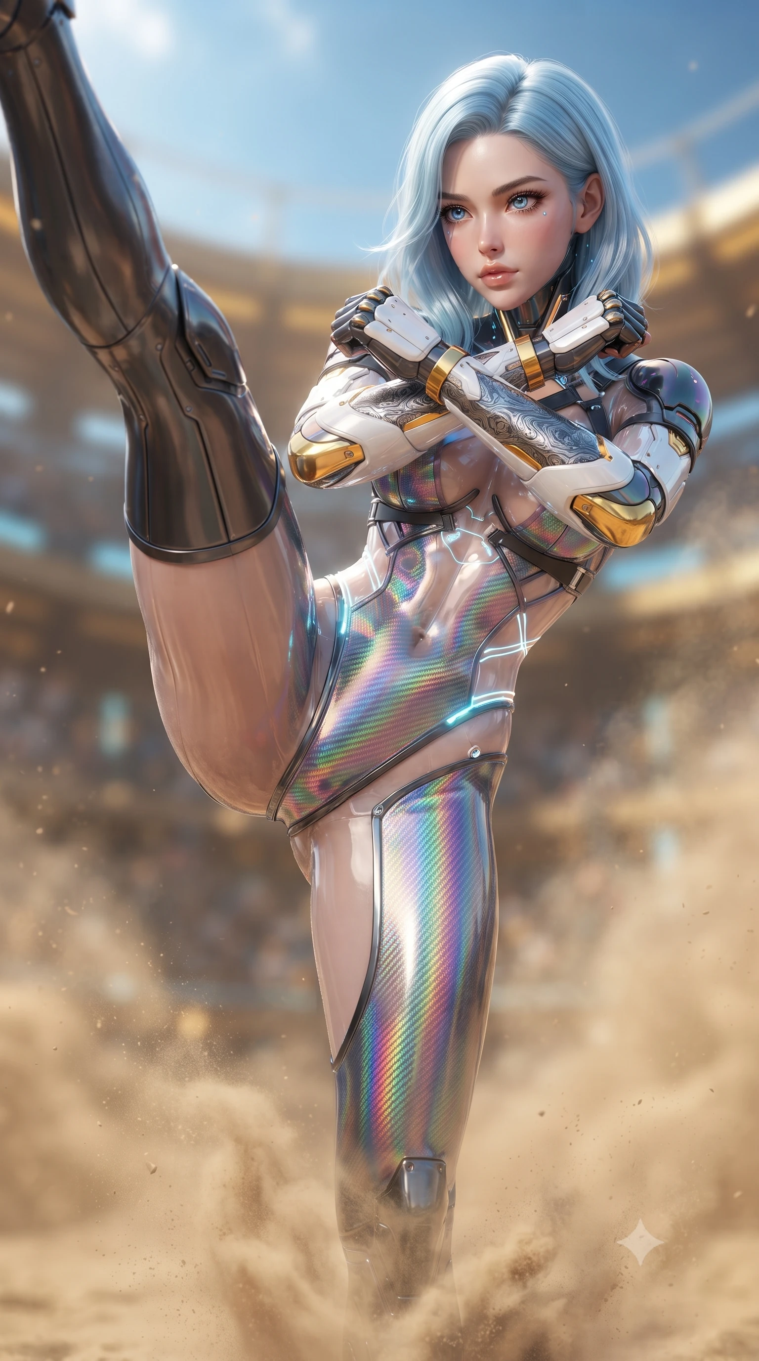 score_9, masterpiece, best quality, ultra-detailed, high-budget anime keyframe, editorial fashion photography, tasteful artistic composition, Korean woman. close-up cowboy shot from the waist and thighs up, the character dominates the composition, filling the frame with her large presence. shifting into a low cat-stance with arms crossed defensively, glowing energy conduits tracing her ultra-slim waist and sculpted clavicle while executing a vertical 180-degree mid-air spinning axe kick in a vast cybernetic colosseum arena as sand swirls beneath her feet. The composition keeps background elements in soft focus with creamy bokeh. holographic colosseum spectator galleries and swirling sand dust blurred into rich golden amber and sky-blue bokeh. She has an exceptionally elegant, slender, and willowy female figure with an ultra-slim waist, a gracefully sculpted slender torso, toned flat midriff, and a refined slim silhouette. sharp v-shaped jawline, high-bridge nose, intricate jewel-like eyes with depth, thick eyelashes, glossy lips with a natural sheen, flawlessly proportioned anatomical accuracy, strict slender model proportions, natural body alignment, perfectly sculpted long slender limbs, ultra-slim waistline, clean dynamic posture without body distortion. wearing a high-gloss iridescent rainbow carbon-weave bodysuit with translucent cybernetic panels and Damascus-steel forearm bracers in arctic white carbon composite with radiant solar gold plating, made of liquid carbon-jersey fabric adhering flawlessly to her sculpted silhouette, complemented by criss-cross back harness straps highlighting her completely bare spine, the precision-cut daring openings accentuating her delicate midriff, graceful bare collarbones, and ultra-slim feminine waistline. surrounded by a glorious, invincible, and fiercely captivating cyber-gladiator empress aura. ultra-reflective glossy finish, specular highlights, dark metallic sheen, high-contrast stereoscopic depth, volumetric dynamic lighting, 2k, ultra detail, master piece, 9:16 ratio