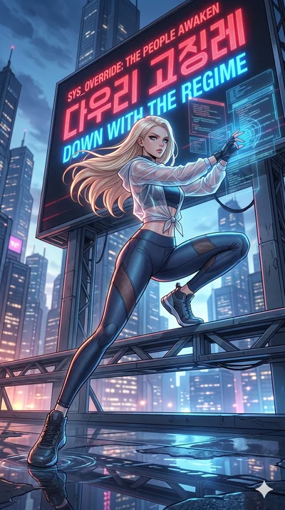 score_9, masterpiece, best quality, ultra-detailed, high-budget anime movie keyframe, cinematic anime lighting, intricate line art, Korean woman. Low angle cowboy shot capturing a powerful motion and statuesque presence. hacking a giant billboard to 