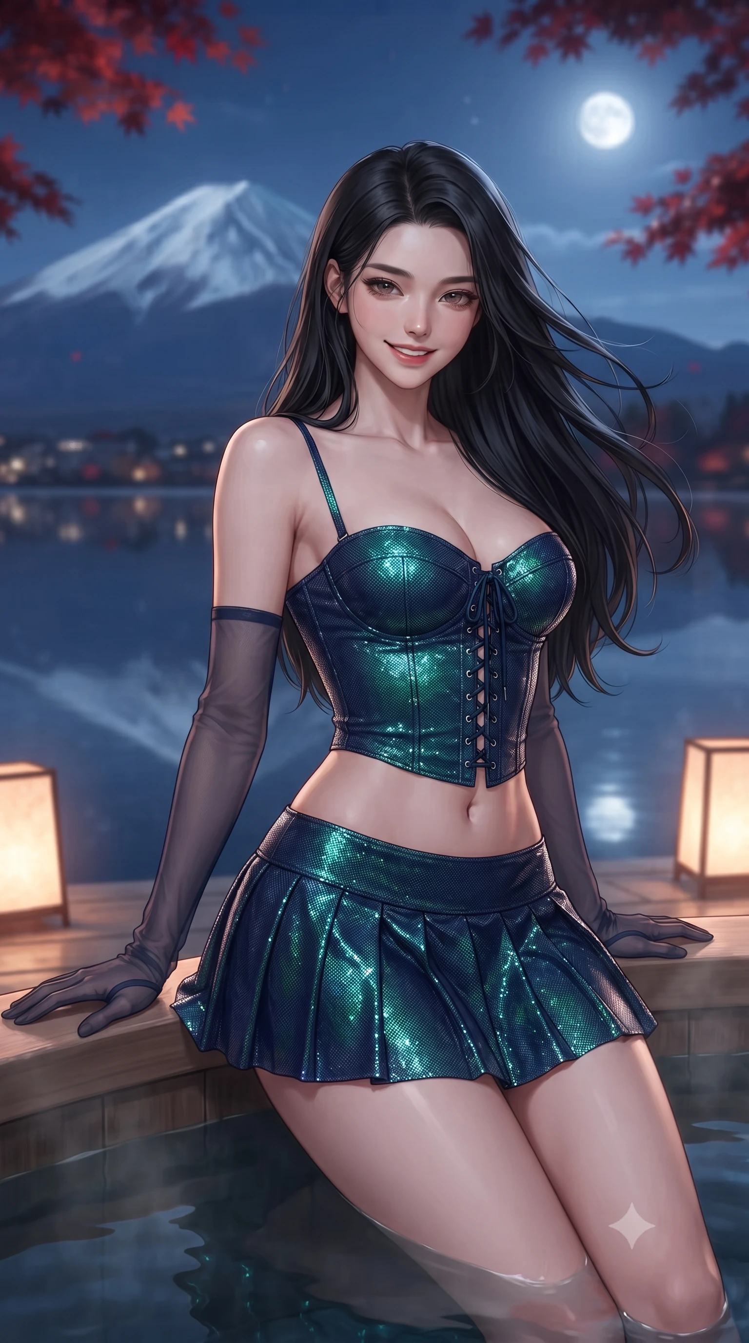 score_9, masterpiece, best quality, ultra-detailed, high-budget anime keyframe, editorial fashion photography, tasteful artistic composition, Korean woman. close-up cowboy shot from the waist and thighs up, the character dominates the composition, filling the frame with her large presence. turning slowly with an enchanting smoldering smile, her glossy hair tossing in the breeze as her hips angle gracefully in a captivating contrapposto while leaning against the smooth aromatic cedar bath rim with hips cocked back, looking across the mirror-still lake with heavy-lidded bedroom-eyes. The background shows a soft-focus majestic symmetrical silhouette of snow-capped Mount Fuji illuminated under the twilight moon, mirror lake reflections, and red autumn maples blurred into indigo, snow-white, and crimson bokeh. She has an exceptionally elegant, slender, and willowy female figure with an ultra-slim waist, flat toned midriff, narrow ribcage, and sculpted feminine hips creating an alluring, slim hourglass silhouette without bulk. sharp v-shaped jawline, high-bridge nose, intricate jewel-like sparkling eyes with depth, thick eyelashes, glossy parted lips with a natural peach sheen, bright cheerful beaming smile with an enchanting and coquettish sensual glint, exuding both youthful cute charm and seductive allure, flawlessly proportioned anatomical accuracy, strict slender model proportions, natural body alignment, perfectly sculpted long slender limbs, ultra-slim waistline, clean dynamic posture without body distortion. wearing a structured Seville boned lace-up bustier top paired with an ultra-short low-rise pleated micro mini skirt in Lake Tegernsee emerald glass and royal Bavarian navy, crafted from stretch micro-mesh with liquid foil coating that shimmers with every movement, complemented by sheer opera-length evening gloves tracing her slender arms, the liquid-tight tailored fabric clinging flawlessly to her narrow waist and rounded feminine hips, emphasizing every millimeter of her sculpted slim hourglass curves without any bulky heaviness. bathed in the warm 2500K glow of Japanese washi paper floor lanterns mixed with crisp silver moonlight on Mount Fuji's snows. ultra-reflective glossy finish, specular highlights, rich textural contrasts, high-contrast stereoscopic depth, volumetric dynamic lighting, 2k, ultra detail, master piece, 9:16 ratio