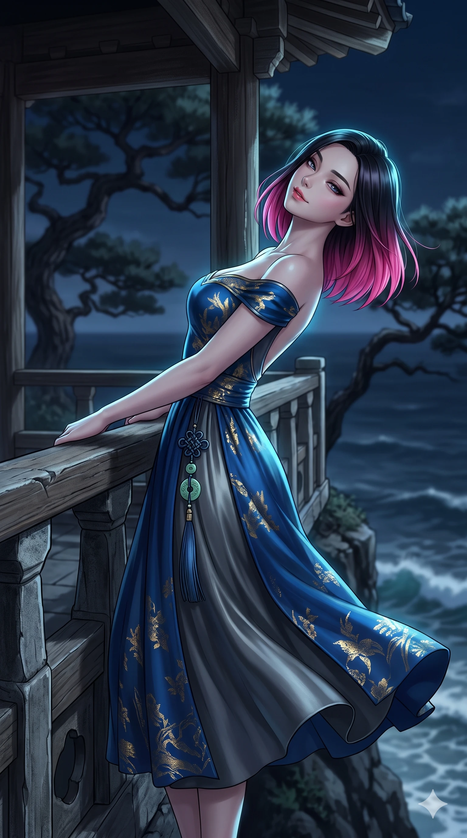 score_9, masterpiece, best quality, ultra-detailed, high-budget anime keyframe, editorial fashion photography, tasteful artistic composition, Korean woman. close-up cowboy shot from the waist and thighs up, the character dominates the composition, filling the frame with her large presence. leaning back against the balustrade with relaxed seductive grace, head tilted back slightly while casting a hypnotic, heavy-lidded gaze while standing at the edge of the open-air cliffside pavilion, arching her spine with dramatic siren poise as sea breezes billow her silk skirt. The background shows a soft-focus gnarled ancient pine silhouettes and rolling ocean waves below blurred into deep midnight navy, silver, and charcoal bokeh. She has an exceptionally elegant, slender, and willowy female figure with an ultra-slim waist, flat toned midriff, narrow ribcage, and sculpted feminine hips creating an alluring, slim hourglass silhouette without bulk. sharp v-shaped jawline, high-bridge nose, sparkling eyes with hypnotic seductive depth, thick curled eyelashes, glossy parted lips with a natural dewy peach sheen, alluring bedroom-eyes with an enchanting coquettish smile, exuding magnetic siren charisma and sophisticated glamour, flawlessly proportioned anatomical accuracy, strict slender model proportions, natural body alignment, perfectly sculpted long slender limbs, ultra-slim waistline, clean dynamic posture without body distortion. wearing a form-contouring off-shoulder modern hanbok midi dress with traditional curved neckline and low-back scoop in deep ocean cobalt and shimmering gold leaf, made of liquid dark mercury jersey with seamless sculpting hold and fluid drape, finished with authentic carved jade pendants and traditional norigae knots, the bespoke structured tailoring following the natural line of her 8.5-heads silhouette with refined elegance. illuminated by ocean surf seafoam bounce and sharp cyan-platinum rim lights sculpting her razor-sharp jawline, narrow waist, and curvy hips. ultra-reflective glossy finish, specular highlights, rich textural contrasts, high-contrast stereoscopic depth, volumetric dynamic lighting, 2k, ultra detail, master piece, 9:16 ratio