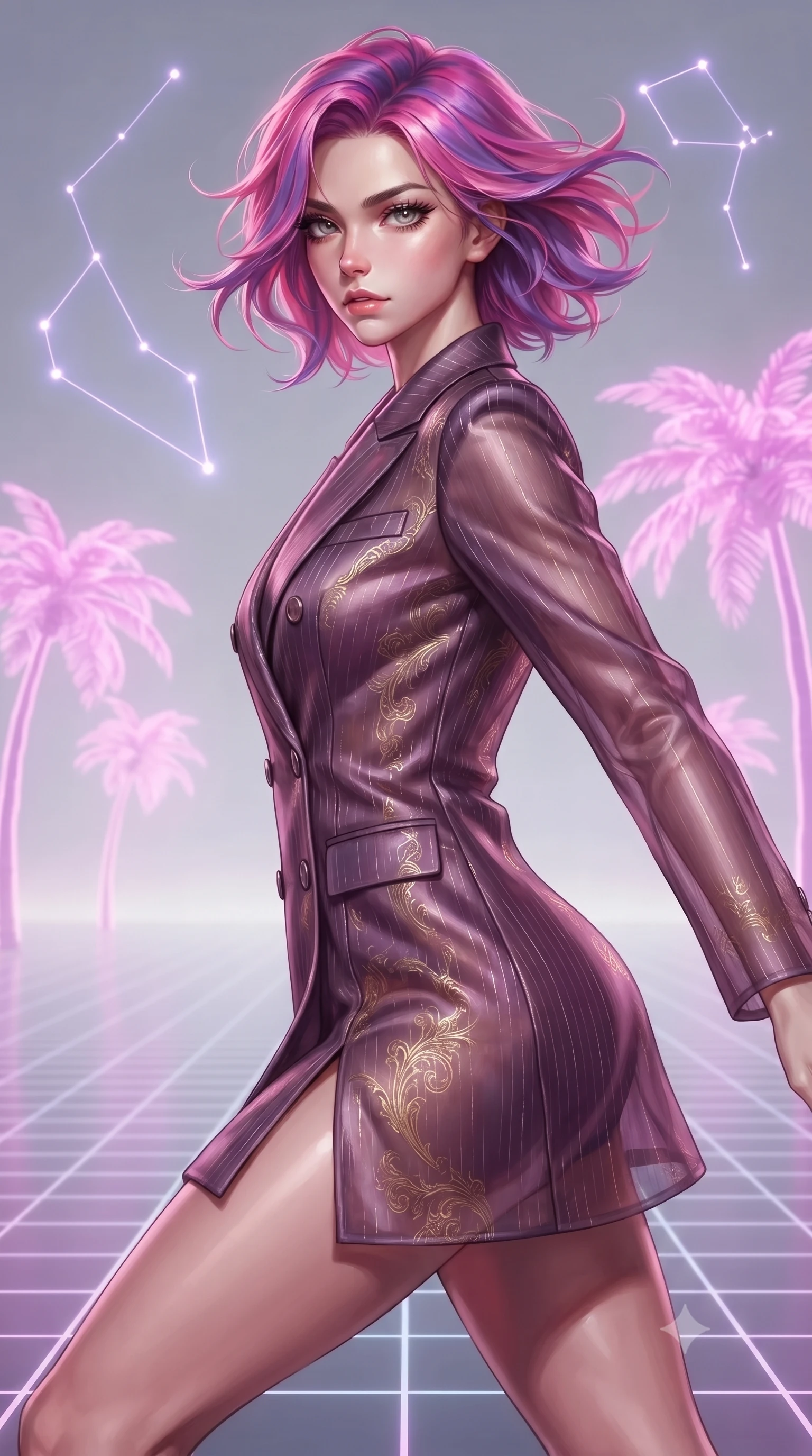 score_9, masterpiece, best quality, ultra-detailed, high-budget anime keyframe, editorial fashion photography, tasteful artistic composition, Caucasian woman. close-up cowboy shot from the waist and thighs up, the character dominates the composition, filling the frame with her large presence, background elements kept in soft focus. Pivoting sharply while looking back over her shoulder with heavy lashes and a confident, intense gaze while leaping across a synthwave grid floor surrounded by lo-fi pink neon palm trees, glowing neon constellation lines floating in the air with vintage elegancy. She has an exceptionally elegant, slender, and willowy female figure with an ultra-slim waist, a gracefully sculpted slender torso, and a refined silhouette. sharp v-shaped jawline, high-bridge nose, intricate jewel-like eyes with depth, thick eyelashes, glossy lips with a natural sheen, flawlessly proportioned anatomical accuracy, natural body alignment, perfectly sculpted elegant limbs, clean dynamic posture without body distortion. wearing a double-breasted blazer dress with subtle metallic pin-stripes in plum purple and gold filigree, woven from fine semi-opaque sheer organza, finished with a sleek side slit ascending to mid-thigh, the tailored fabric tightly following every curve of her athletic build. surrounded by a dreamlike vaporwave ambiance with smooth gradients. ultra-reflective glossy finish, specular highlights, metallic sheen, high-contrast stereoscopic depth, volumetric dynamic lighting, 2k, ultra detail, master piece, 9:16 ratio