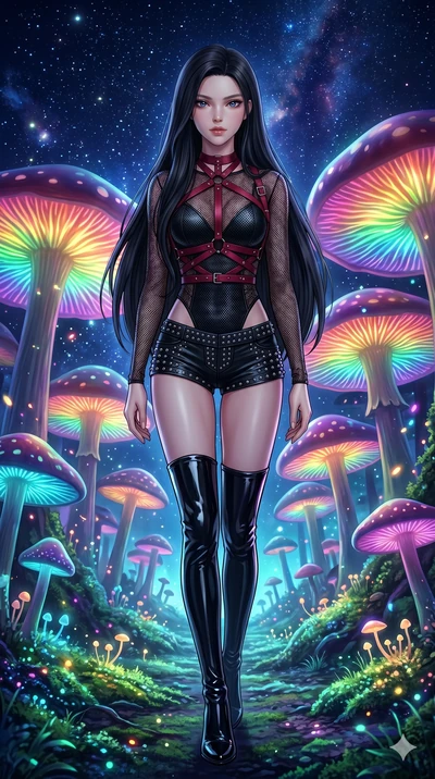 score_9, masterpiece, best quality, ultra-detailed, High-budget Anime Keyframe, beautiful Korean anime girl. Low angle cowboy shot filling the entire 9:16 frame with her overwhelming presence. Walking through a forest of giant mushrooms that glow in 