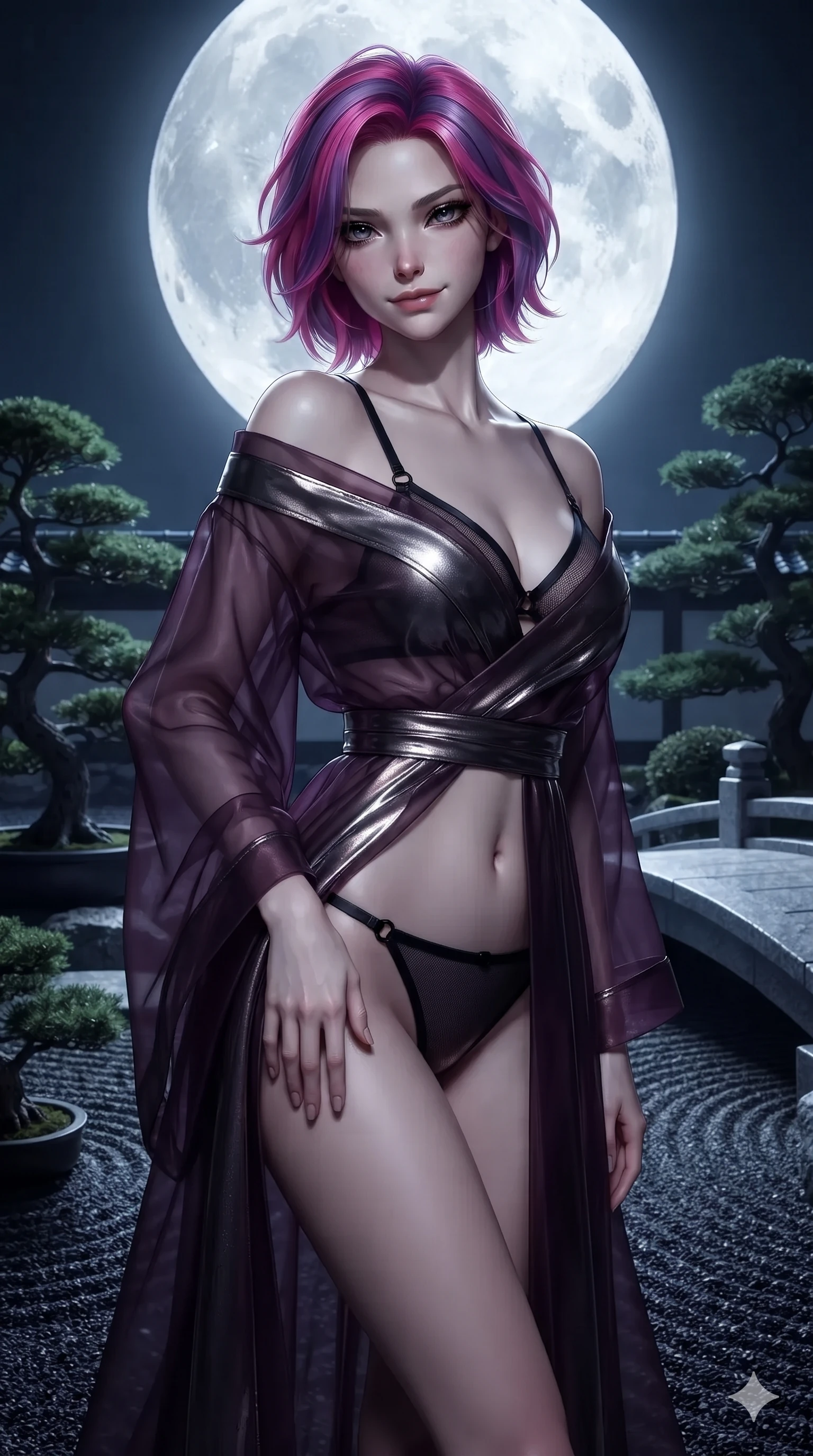score_9, masterpiece, best quality, ultra-detailed, high-budget anime keyframe, editorial fashion photography, tasteful artistic composition, Caucasian woman. close-up cowboy shot from the waist and thighs up, the character dominates the composition, filling the frame with her large presence. tilting her head with a teasing half-smile, running one hand slowly down the side of her hip in a flirtatious S-curve while twisting her slender torso in an alluring contrapposto stance, cool full-moon beams tracing her flat midriff and curvy hips. The surrounding environment is rendered in vivid detail and crisp panoramic clarity: detailed liquid mercury metallic gown tailoring, hip-high side slit, and traditional Japanese garden craft in razor-sharp precision. She has an exceptionally elegant, slender, and willowy female figure with an ultra-slim waist, flat toned midriff, narrow ribcage, and sculpted feminine hips creating an alluring, slim hourglass silhouette without bulk. sharp v-shaped jawline, high-bridge nose, intricate jewel-like dark sparkling eyes with hypnotic seductive depth, thick curled eyelashes, glossy parted lips with a natural wine sheen, alluring bedroom-eyes with an enigmatic smoldering smile, exuding magnetic sovereign charisma and dark avant-garde glamour, flawlessly proportioned anatomical accuracy, strict slender model proportions, natural body alignment, perfectly sculpted long slender limbs, ultra-slim waistline, clean dynamic posture without body distortion. wearing a sheer gossamer organza evening kimono slipping off bare shoulders over a matching satin micro-bralette and briefs in obsidian black and dark plum violet, crafted from fine dark contouring mesh with sheer geometric transparency, adorned with minimalist black onyx hardware framing the silhouette, accentuating her gracefully sculpted slender torso and statuesque proportions. bathed in the blinding, crisp 5500K silver light of the full moon casting razor-sharp shadows across the black sand. ultra-reflective glossy finish, specular highlights, metallic sheen, high-contrast stereoscopic depth, volumetric dynamic lighting, 2k, ultra detail, master piece, 9:16 ratio