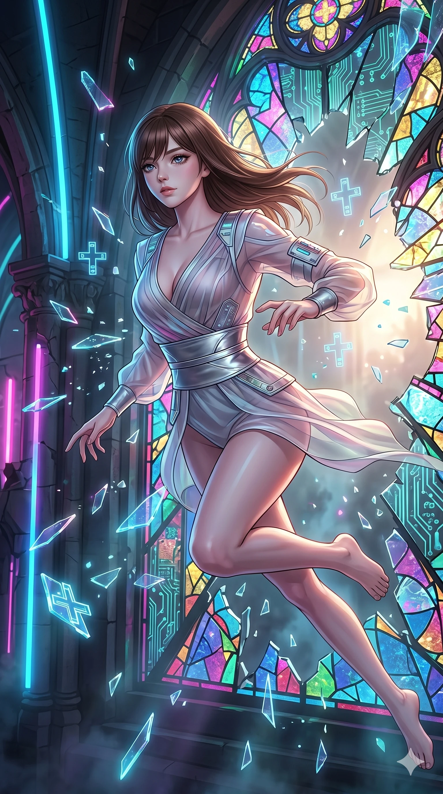 score_9, masterpiece, best quality, ultra-detailed, high-budget anime keyframe, editorial fashion photography, tasteful artistic composition, Korean woman. Upper body close-up from the thighs up, character filling the screen for maximum presence. She is leaping through shattered stained glass of a neon-lit futuristic cathedral. She maintains a serene yet captivating expression amidst a rain of glowing shards and floating digital cross symbols. She has an absolutely perfect 8-heads proportion, an exceptionally tall and slender female figure with impossibly long slender legs and an ultra-slim waist. V-shaped jawline, high-bridge nose, intricate jewel-like eyes with depth, thick eyelashes, glossy lips with a natural sheen. She is wearing a shortened cyber-fusion wrap top with transparent chiffon panels, a deep crossover neckline, and a high-waisted metallic sash that accentuates her ultra-slim waist. The scene is backlit by intense multi-colored neon light rays and volumetric dawn light filtering through fog. 2k, ultra detail, master piece, 9:16 ratio