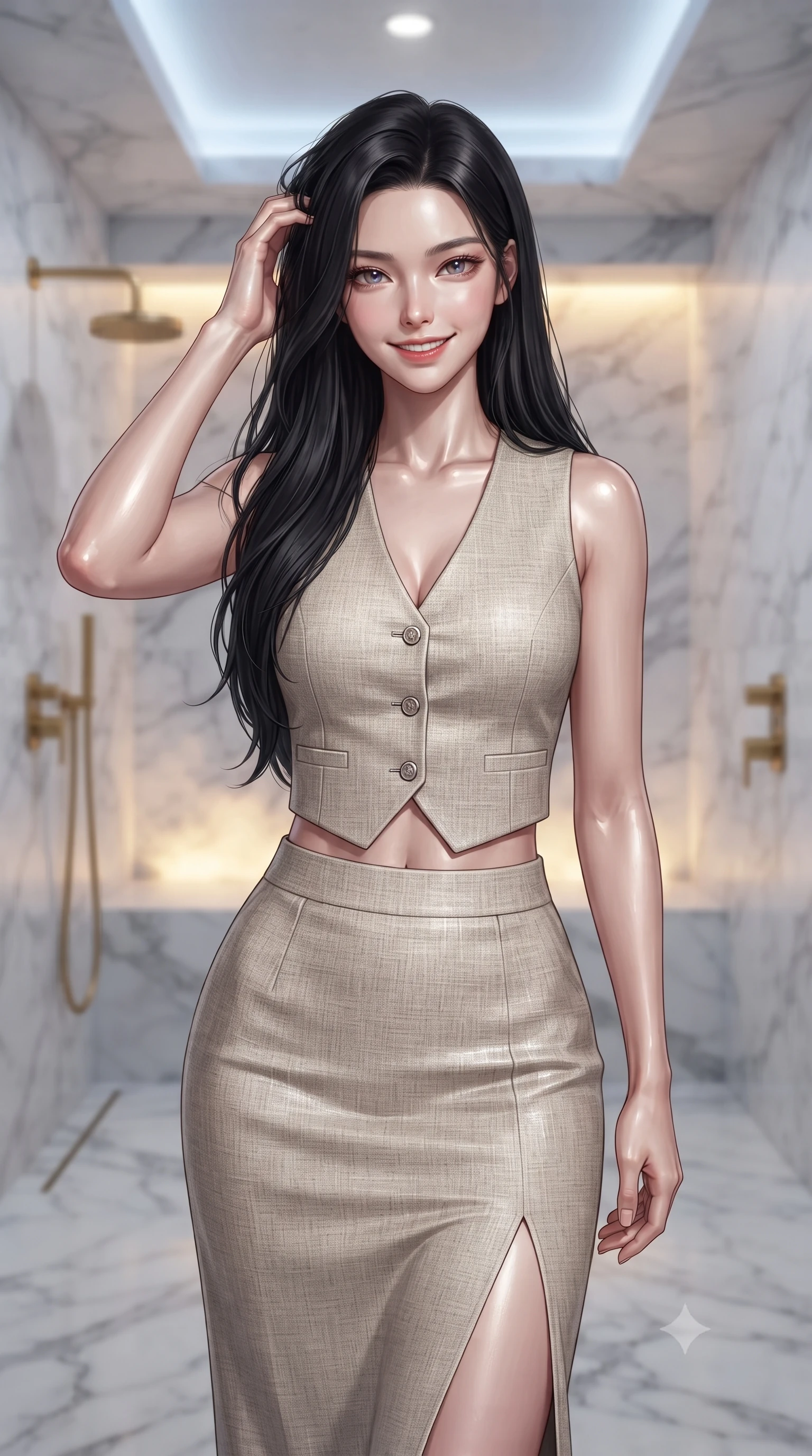 score_9, masterpiece, best quality, ultra-detailed, high-budget anime keyframe, editorial fashion photography, tasteful artistic composition, Korean woman woman. close-up cowboy shot from the waist and thighs up, the character dominates the composition, filling the frame with her large presence, background elements kept in soft focus. smiling with quiet, magnetic self-assurance directly into the camera, running a hand through her hair the background shows a soft-focus a spacious steam shower room built of white Carrara marble and gold brass fixtures. She has an exceptionally elegant, slender, and willowy female figure with an ultra-slim waist, a gracefully sculpted slender torso, and a refined silhouette. sharp v-shaped jawline, high-bridge nose, intricate jewel-like eyes with depth, thick eyelashes, glossy lips with a natural sheen. wearing a body-hugging tailored vacation outfit of a linen crop vest and a matching side-slit midi skirt. cool ambient ceiling light contrasting with the warm glow from the steam panels. ultra-reflective glossy finish, specular highlights, metallic sheen, high-contrast stereoscopic depth, volumetric dynamic lighting, 2k, ultra detail, master piece, 9:16 ratio
