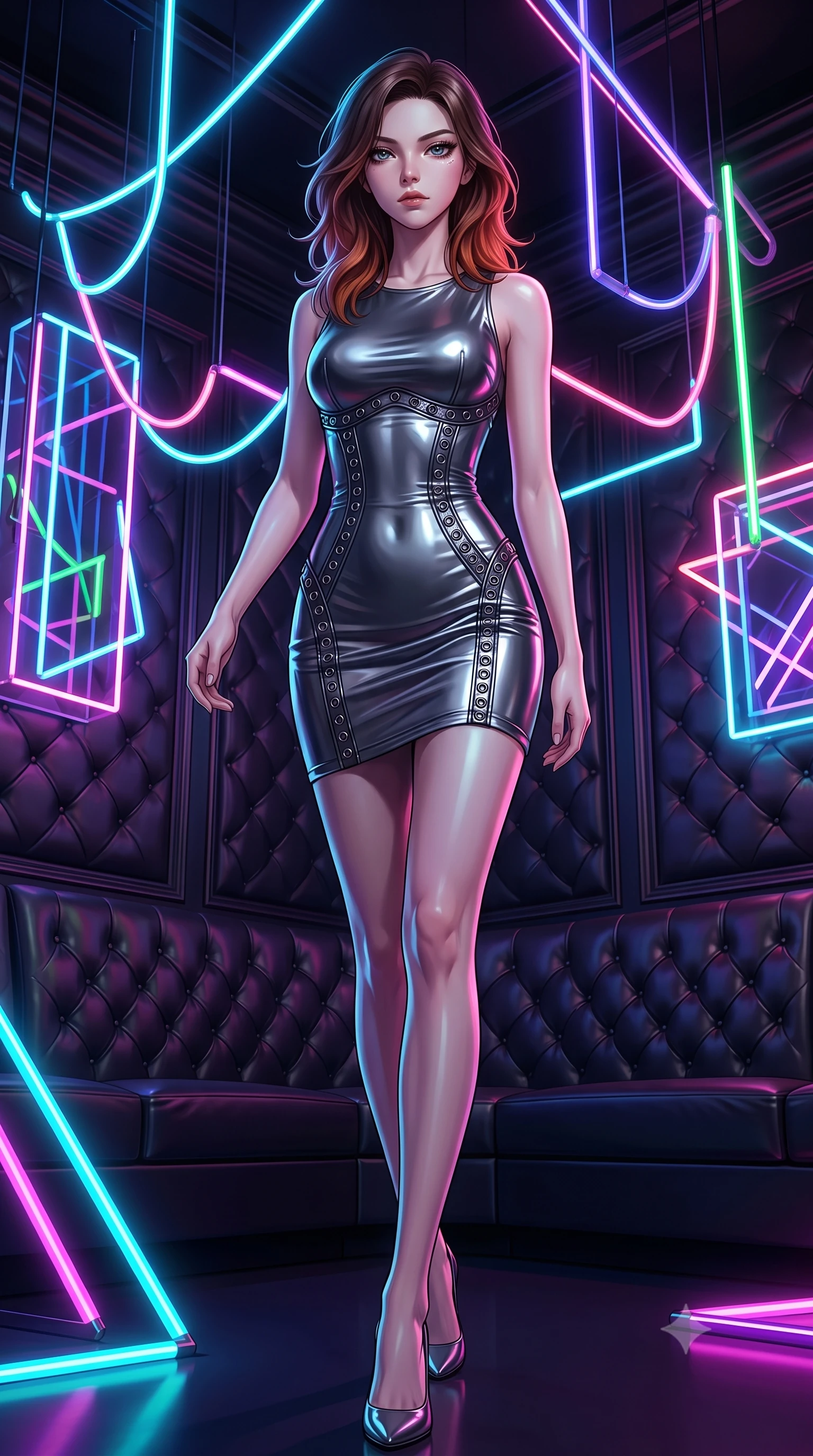 score_9, masterpiece, best quality, ultra-detailed, high-budget anime keyframe, editorial fashion photography, tasteful artistic composition, Korean woman. low angle full-body shot from head to toe showing her feet, filling the entire 9:16 vertical frame with her statuesque presence, stretching her vertical silhouette. stepping gracefully through the luxurious environment, stretching her statuesque silhouette, navigating a dark leather-walled VIP room filled with floating neon light tubes, glove-like fit liquid vinyl dress highlighting her ultra-slim waist. She has an absolutely perfect, statuesque 8.5-heads proportion, an exceptionally tall and slender model-like female figure with impossibly long slender legs and an ultra-slim waist. sharp v-shaped jawline, high-bridge nose, intricate jewel-like eyes with depth, thick eyelashes, glossy lips with a natural sheen. wearing aerodynamic second-skin dark silver metallic bodycon dress in metallic dark silver, made of liquid dark mercury jersey, trimmed with dark chrome ring hardware along the waist contours, sculpting her athletic slender build with refined precision. surrounded by a moody neon glow with sharp edge highlights on dark vinyl. highly saturated vibrant anime colors, detailed shading with soft gradients, rich glossy textures, high-contrast stereoscopic depth, volumetric dynamic lighting, master piece, 9:16 ratio