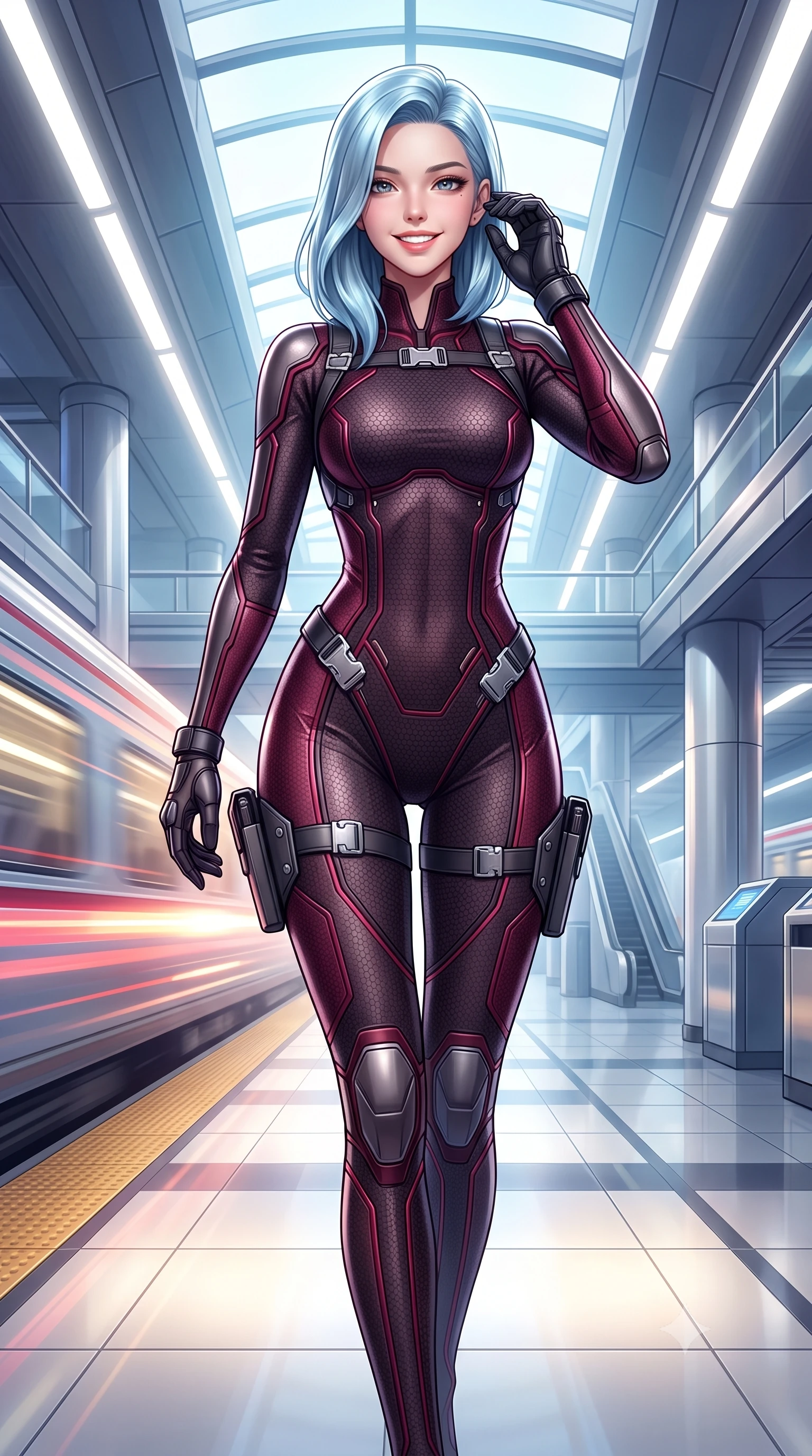 score_9, masterpiece, best quality, ultra-detailed, high-budget anime keyframe, semi-realistic 3D game render, editorial fashion photography, tasteful artistic composition, Korean woman. close-up cowboy shot from the waist and thighs up, the character dominates the composition, filling the frame with her large presence. adjusting her tactical glove with cool confidence, her bright smile capturing fresh girlhood charm while her arched torso reveals an intoxicating hip contour while walking dynamically down the illuminated concourse with sovereign grace, her long slender legs and hourglass curves commanding the frame. The surrounding environment is rendered in vivid detail and crisp panoramic clarity: detailed high-tech suit weave, speed glints on armor plating, and monumental transit architecture in high resolution. She has an exceptionally elegant, slender, and willowy female figure with an ultra-slim waist, flat toned midriff, narrow ribcage, and sculpted feminine hips creating an alluring, slim hourglass silhouette without bulk. sharp v-shaped jawline, high-bridge nose, intricate jewel-like sparkling eyes with depth, thick eyelashes, glossy parted lips with a natural sheen, bright confident smile with an enchanting and coquettish sensual glint, exuding both youthful magnetic charm and sovereign high-tech allure, flawlessly proportioned anatomical accuracy, strict slender model proportions, natural body alignment, perfectly sculpted long slender limbs, ultra-slim waistline, clean dynamic posture without body distortion. wearing an aerodynamic second-skin combat bodysuit with hexagonal carbon weave and glowing circuit seam piping in deep wine crimson and dark carbon weave, tailored from brushed aeronautical titanium alloy with matte satin sheen, finished with polished chrome buckle hardware and modular magnetic holster clasps, the aerodynamic second-skin silhouette tightly following the natural contour of her hips and long slender legs with youthful 8.5-heads elegance. illuminated by passing train light streaks and sharp platinum rim lights defining her sculpted collarbones, ultra-slim waist, and curvy hips. highly saturated vibrant anime colors, detailed shading with soft gradients, rich glossy textures, high-contrast stereoscopic depth, volumetric dynamic lighting, master piece, 9:16 ratio