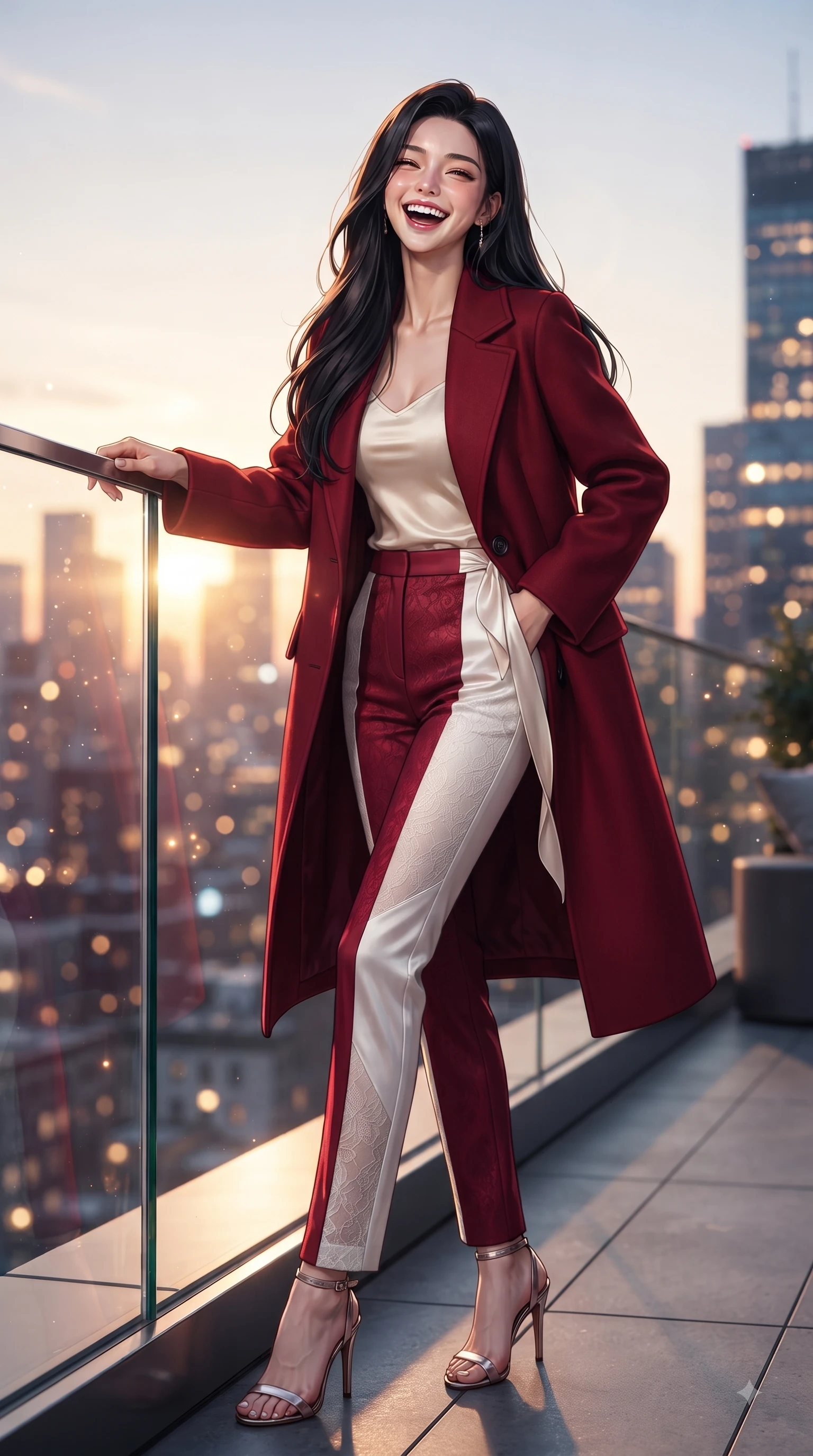 score_9, masterpiece, best quality, ultra-detailed, high-budget anime keyframe, editorial fashion photography, tasteful artistic composition, Korean woman. low angle full-body shot from head to toe showing her feet, filling the entire 9:16 vertical frame with her statuesque presence, stretching her vertical silhouette. Ecstatic joyful laughter with eyes crinkling in pure delight and vibrant energy filling her dynamic posture while leaning against a sleek glass railing overlooking a vibrant urban skyline. The composition keeps background elements in soft focus with dreamy bokeh. twinkling city tower lights and glowing sunset sky blurred into sparkling urban bokeh. She has an absolutely perfect, statuesque 8.5-heads proportion, an exceptionally tall and slender model-like female figure with impossibly long slender legs and an ultra-slim waist. sharp v-shaped jawline, high-bridge nose, intricate jewel-like eyes with depth, thick eyelashes, glossy lips with a natural sheen, flawlessly proportioned anatomical accuracy, natural body alignment, perfectly sculpted elegant limbs, clean dynamic posture without body distortion. wearing a tailored crimson red wool coat over a fitted ivory silk top and tailored trousers in vibrant crimson red and crisp snow white, made of fine lace weave and soft satin jersey, accented with a delicate side waist sash creating fluid lines, the tailored fit highlighting her statuesque and model-like silhouette. surrounded by an opulent, glamorous, and high-fashion nightlife editorial aura. ultra-reflective glossy finish, specular highlights, metallic sheen, high-contrast stereoscopic depth, volumetric dynamic lighting, 2k, ultra detail, master piece, 9:16 ratio