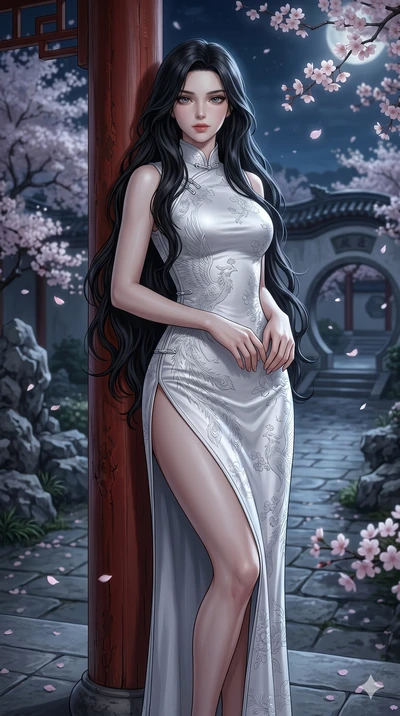 score_9, score_8_up, score_7_up, source_anime, masterpiece, best quality, ultra-detailed, same character with long black hair, wearing a white high-cut silk cheongsam, leaning against a traditional red wooden pillar in an ancient garden, soft moonlig