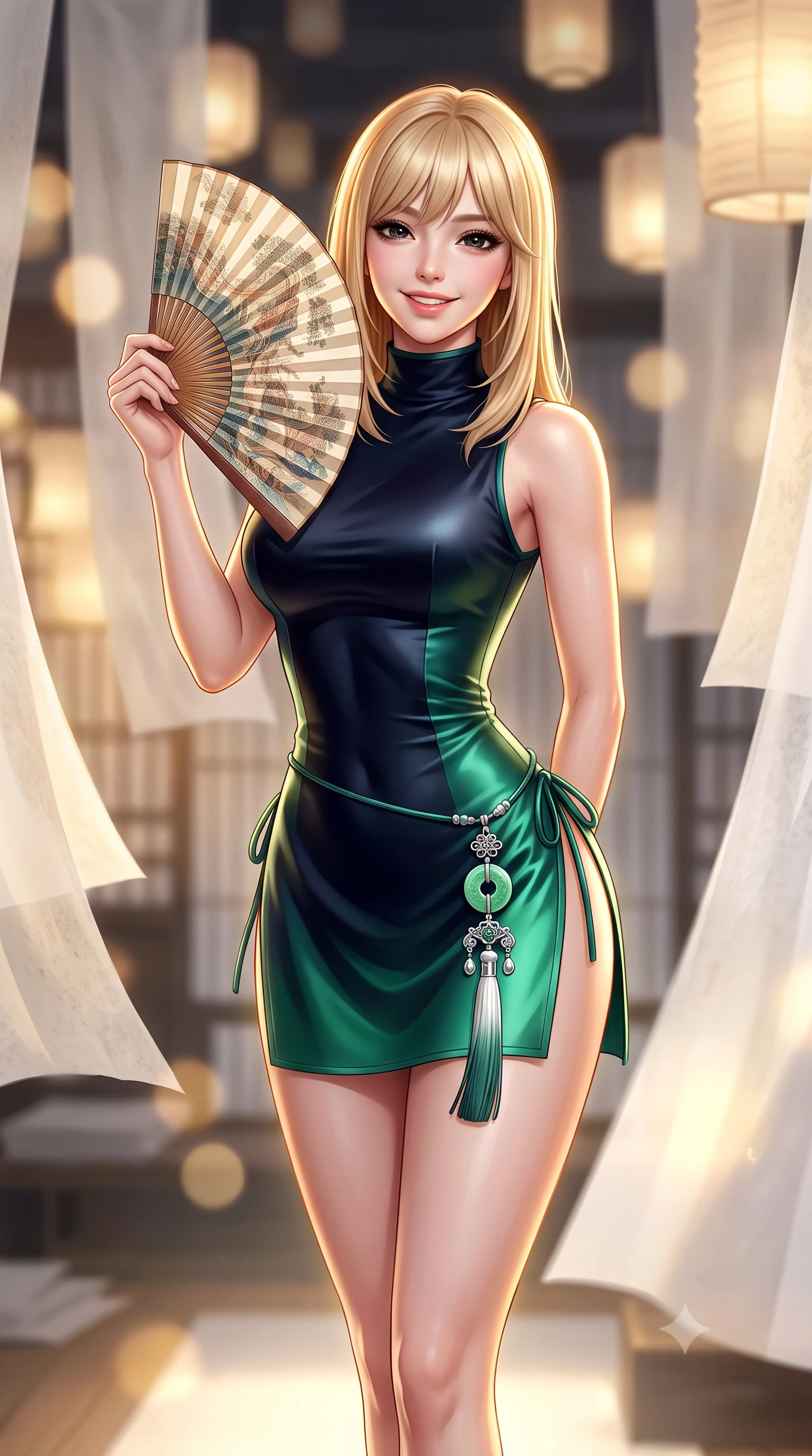 score_9, masterpiece, best quality, ultra-detailed, high-budget anime keyframe, semi-realistic 3D game render, editorial fashion photography, tasteful artistic composition, Japanese woman. close-up cowboy shot from the waist and thighs up, the character dominates the composition, filling the frame with her large presence. playfully unfurling a painted silk fan toward the lens, her radiant smile capturing fresh girlhood charm while her arched torso reveals an intoxicating hip contour while standing poised between drying sheets of translucent mulberry paper that flutter like silk, arching her back with ethereal artistic grace. The background shows a soft-focus layers of drying translucent white hanji paper screens and floating glowing lanterns blurred into warm ivory, honey, and charcoal bokeh. She has an exceptionally elegant, slender, and willowy female figure with an ultra-slim waist, flat toned midriff, narrow ribcage, and sculpted feminine hips creating an alluring, slim hourglass silhouette without bulk. sharp v-shaped jawline, high-bridge nose, intricate jewel-like dark sparkling almond eyes with depth, thick lashes, glossy parted lips with a natural rose-plum sheen, bright alluring and coquettish smile with bedroom-eyes, exuding both timeless oriental elegance and sovereign high-fashion allure, flawlessly proportioned anatomical accuracy, strict slender model proportions, natural body alignment, perfectly sculpted long slender limbs, ultra-slim waistline, clean dynamic posture without body distortion. wearing a form-contouring sleeveless turtleneck mini dress in liquid silk satin with subtle side hip ties and high slits in deep midnight obsidian and luminous imperial jade green, tailored from fine crisp cotton-linen with clean structural lines, finished with an ornate modern norigae tassel with polished jade and chrome charms resting on her curvy hips, the form-fitting tailored bodice adhering flawlessly to her sculpted flat midriff and slender torso, emphasizing her long leg lines and perfectly proportioned willowy build. illuminated by soft floor uplighting and sharp golden-amber rim lighting carving her razor-sharp jawline, narrow waist, and curvy hips. highly saturated vibrant anime colors, detailed shading with soft gradients, rich glossy textures, high-contrast stereoscopic depth, volumetric dynamic lighting, master piece, 9:16 ratio