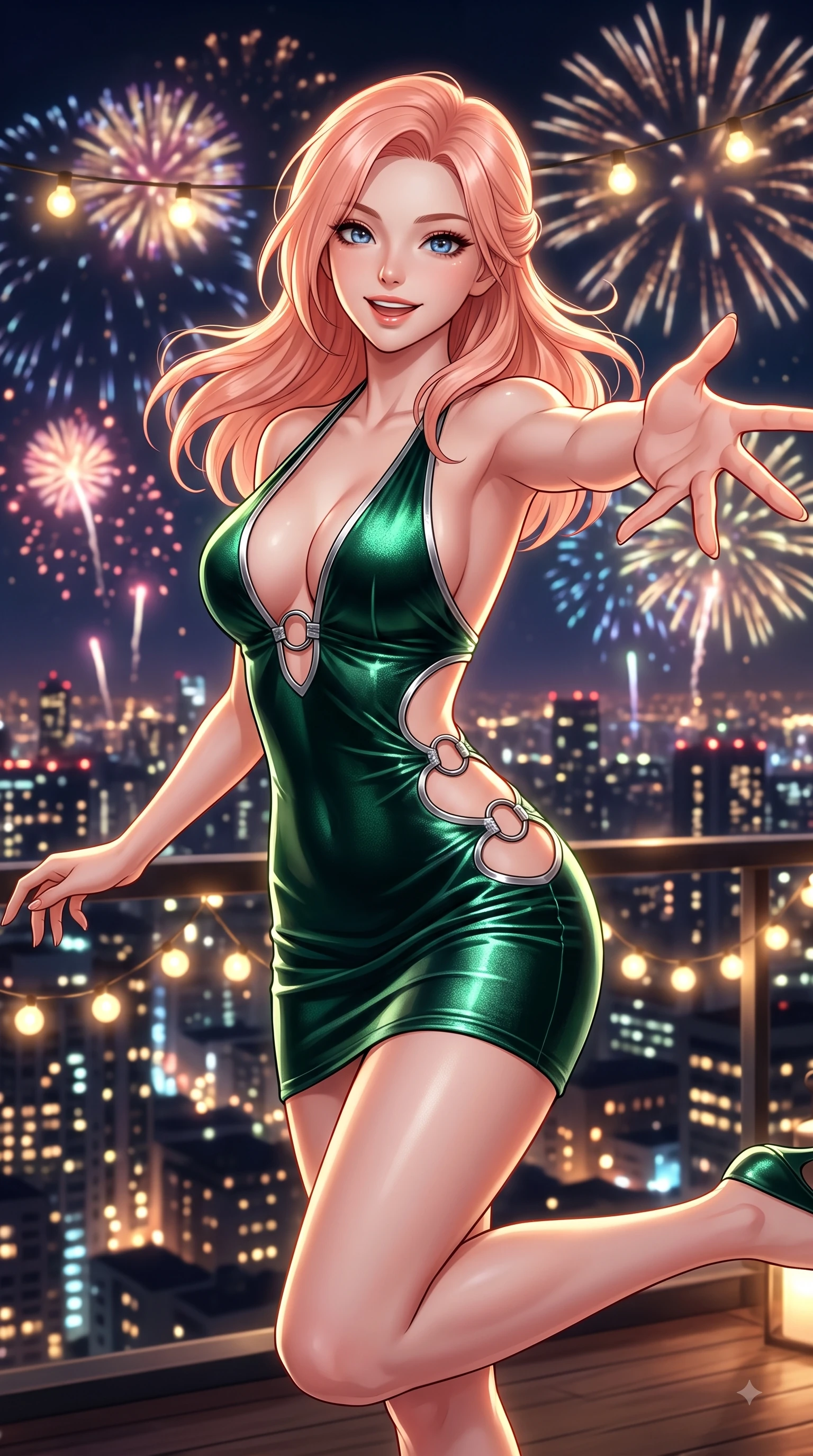 score_9, masterpiece, best quality, ultra-detailed, high-budget anime keyframe, editorial fashion photography, tasteful artistic composition, Japanese woman. close-up cowboy shot from the waist and thighs up, the character dominates the composition, filling the frame with her large presence, background elements kept in soft focus. Enchanting happy smile, her eyes twinkling like jewels in the bright sunlight as one arm reaches out playfully while leaping joyfully on a high-rise penthouse rooftop deck under a sky of festive fireworks, glistening city lights and warm string fairy lamps creating rich ambient bokeh. She has an exceptionally elegant, slender, and willowy female figure with an ultra-slim waist, a gracefully sculpted slender torso, and a refined silhouette. sharp v-shaped jawline, high-bridge nose, intricate jewel-like eyes with depth, thick eyelashes, glossy lips with a natural sheen, flawlessly proportioned anatomical accuracy, natural body alignment, perfectly sculpted elegant limbs, clean dynamic posture without body distortion. wearing a deep-scoop halter bodycon dress with hip cutouts connected by silver rings in deep emerald green and silver accent, made of premium stretch velvet with a rich sheen, accented with delicate chrome ring hardware framing her waist, the tailored fabric tightly following every curve of her athletic build. surrounded by an electric, joyful party atmosphere with high specular shine. ultra-reflective glossy finish, specular highlights, metallic sheen, high-contrast stereoscopic depth, volumetric dynamic lighting, 2k, ultra detail, master piece, 9:16 ratio