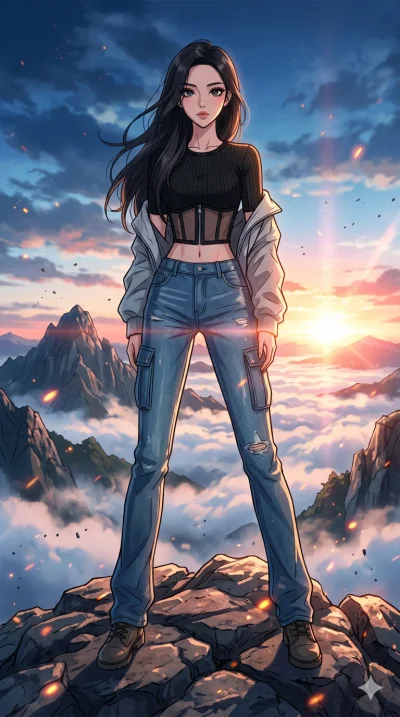 score_9, masterpiece, best quality, ultra-detailed, High-budget Anime Keyframe, beautiful Korean anime girl. Low angle cowboy shot filling the entire 9:16 frame with her overwhelming presence. Standing on a mountain peak as the sun rises over a sea o