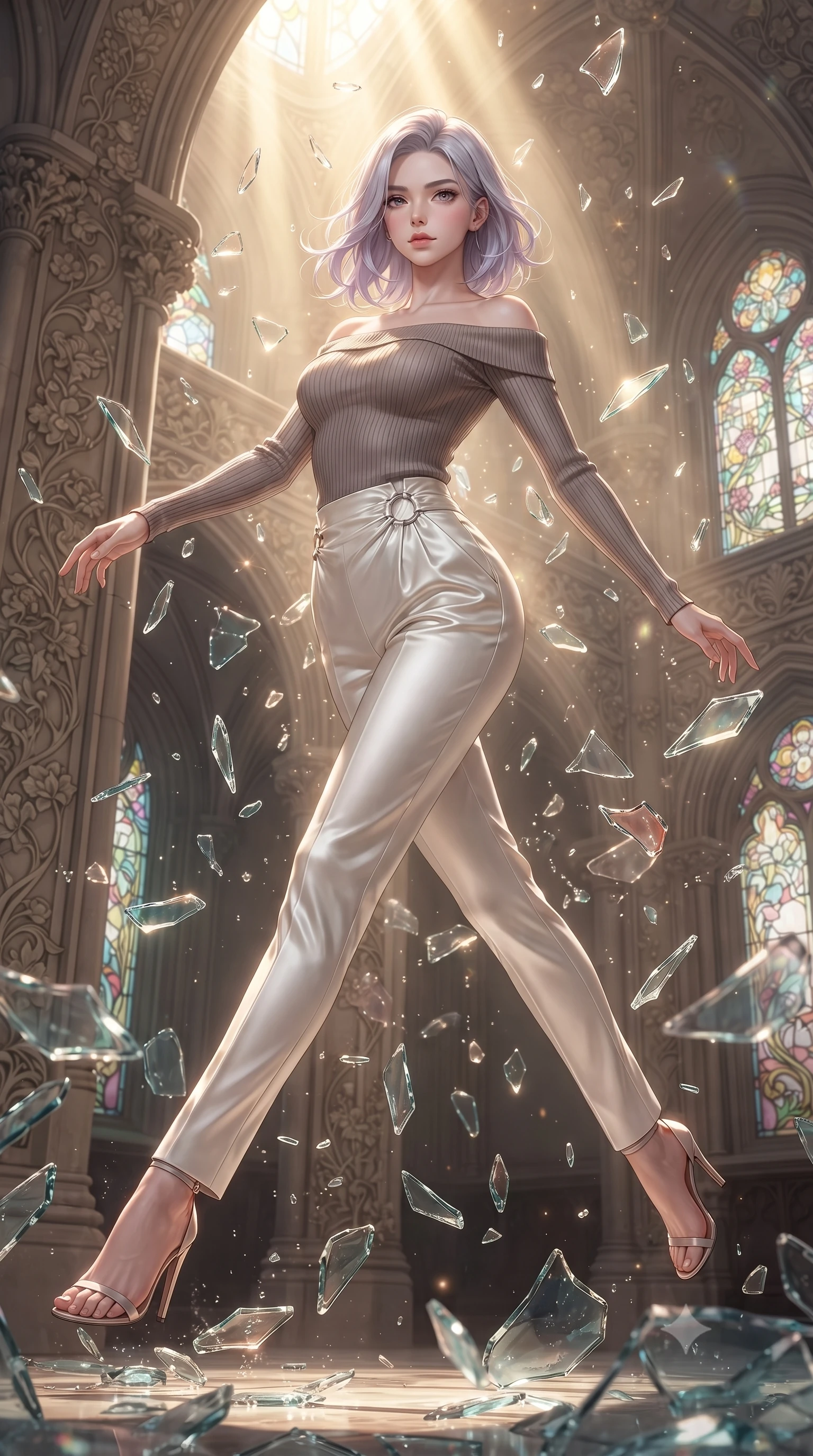 score_9, masterpiece, best quality, ultra-detailed, high-budget anime keyframe, editorial fashion photography, tasteful artistic composition, Caucasian woman. low angle full-body shot from head to toe showing her feet, filling the entire 9:16 vertical frame with her statuesque presence, stretching her vertical silhouette. leaping gracefully through the environment with statuesque elegance and long slender legs leaping through shattered liquid glass fragments in a illuminated cathedral, intricate floral Art Nouveau motifs decorating the surrounding stone. She has an absolutely perfect, statuesque 8.5-heads proportion, an exceptionally tall and slender model-like female figure with impossibly long slender legs and an ultra-slim waist. sharp v-shaped jawline, high-bridge nose, intricate jewel-like eyes with depth, thick eyelashes, glossy lips with a natural sheen. wearing a sleek off-shoulder ribbed knit top paired with high-waist tailored pants in muted taupe and soft ivory, crafted from lustrous satin jersey with fluid draping, accented with delicate chrome ring hardware framing her waist, the form-contouring material highlighting her ultra-slim waist and long lines. surrounded by a glowing divine aura of sunbeams and incense radiance. ultra-reflective glossy finish, specular highlights, metallic sheen, high-contrast stereoscopic depth, volumetric dynamic lighting, 2k, ultra detail, master piece, 9:16 ratio
