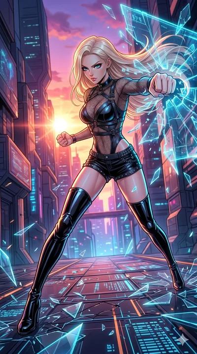 score_9, masterpiece, best quality, ultra-detailed, high-budget anime movie keyframe, cinematic anime lighting, intricate line art, Korean woman. Low angle cowboy shot capturing a powerful motion and statuesque presence. punching through a holographi