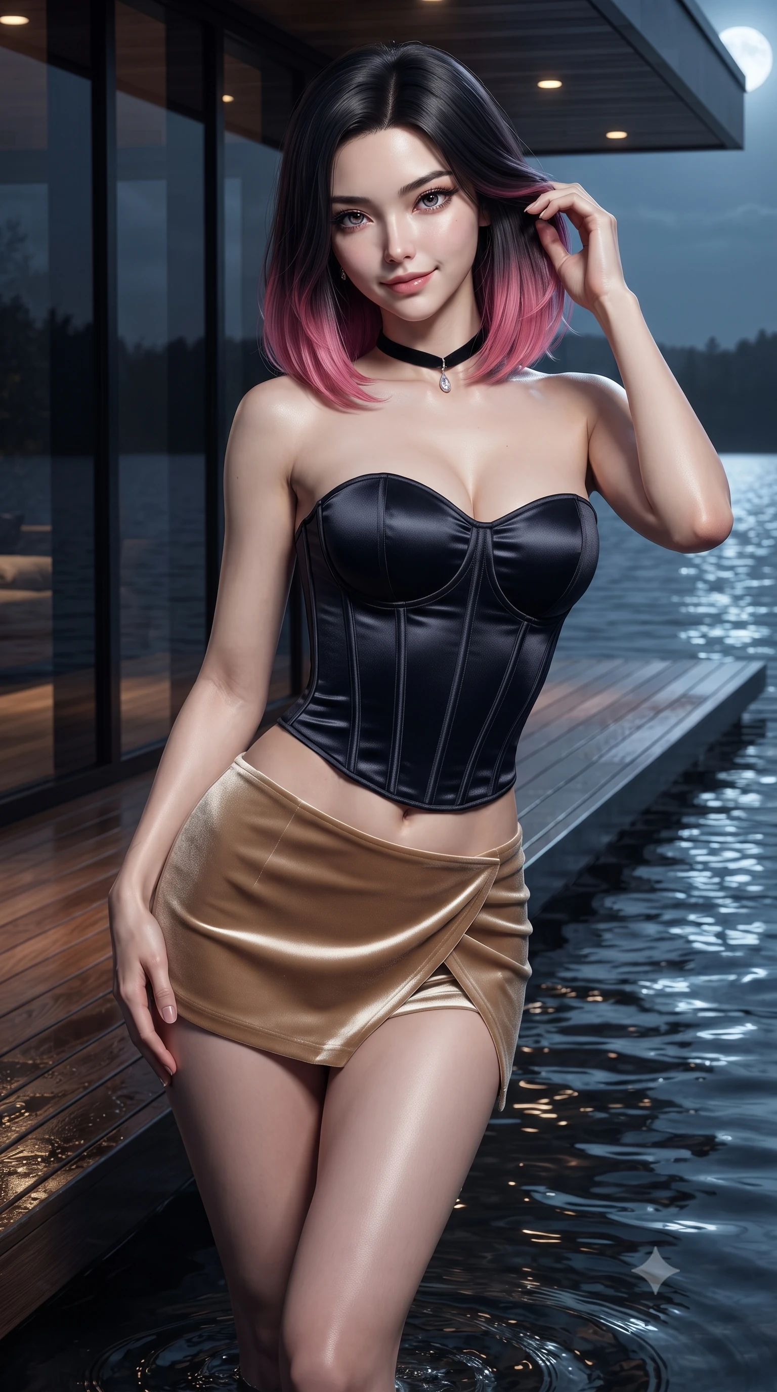 score_9, masterpiece, best quality, ultra-detailed, high-budget anime keyframe, editorial fashion photography, tasteful artistic composition, Korean woman. close-up cowboy shot from the waist and thighs up, the character dominates the composition, filling the frame with her large presence. tilting her head with a teasing half-smile, running one hand slowly down the side of her hip in a flirtatious S-curve as ambient light caresses her silhouette while standing on the submerged black teak deck with calm lake water lapping around her ankles, arching her back with sovereign lakefront glamour. The surrounding environment is rendered in vivid detail and crisp panoramic clarity: sharp wet teak plank grain, black-tinted structural glass reflection clarity, and calm water ripple textures in deep focus. She has an exceptionally elegant, slender, and willowy female figure with an ultra-slim waist, flat toned midriff, narrow ribcage, and sculpted feminine hips creating an alluring, slim hourglass silhouette without bulk. sharp v-shaped jawline, high-bridge nose, sparkling eyes with hypnotic seductive depth, thick curled eyelashes, glossy parted lips with a natural dewy peach sheen, alluring bedroom-eyes with an enchanting coquettish smile, exuding magnetic siren charisma and sophisticated glamour, flawlessly proportioned anatomical accuracy, strict slender model proportions, natural body alignment, perfectly sculpted long slender limbs, ultra-slim waistline, clean dynamic posture without body distortion. wearing a strapless boned satin corset bodice paired with low-waisted tailored satin hot-pants in midnight obsidian black and liquid champagne gold, tailored from ultra-plush velvet with rich tactile depth and deep shadow gradients, finished with a thin velvet ribbon choker and a single teardrop diamond pendant, the high-slit wrap tailoring accentuating her ultra-slim waistline and the enchanting curve of her feminine hips with alluring seductive charm. bathed in cool moonlight reflecting from the lake surface mixed with warm recessed terrace lighting. ultra-reflective glossy finish, specular highlights, rich textural contrasts, high-contrast stereoscopic depth, volumetric dynamic lighting, 2k, ultra detail, master piece, 9:16 ratio