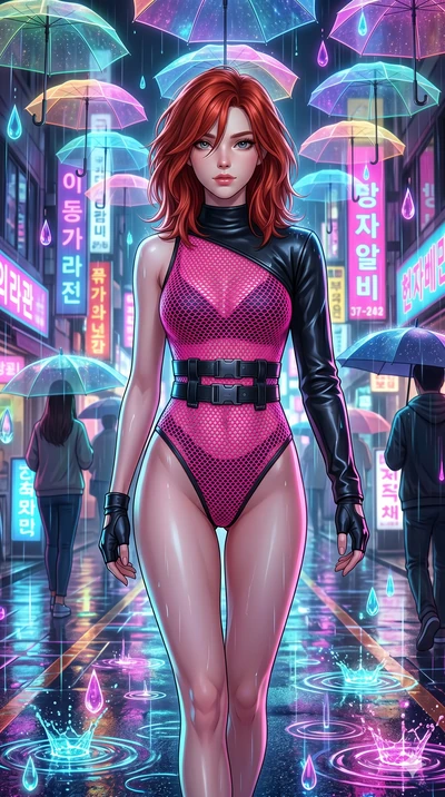 score_9, masterpiece, best quality, ultra-detailed, high-budget anime keyframe, Korean woman. upper body close-up from the thighs up, character filling the screen for maximum presence. navigating a wet neon-lit future street under colorful floating u