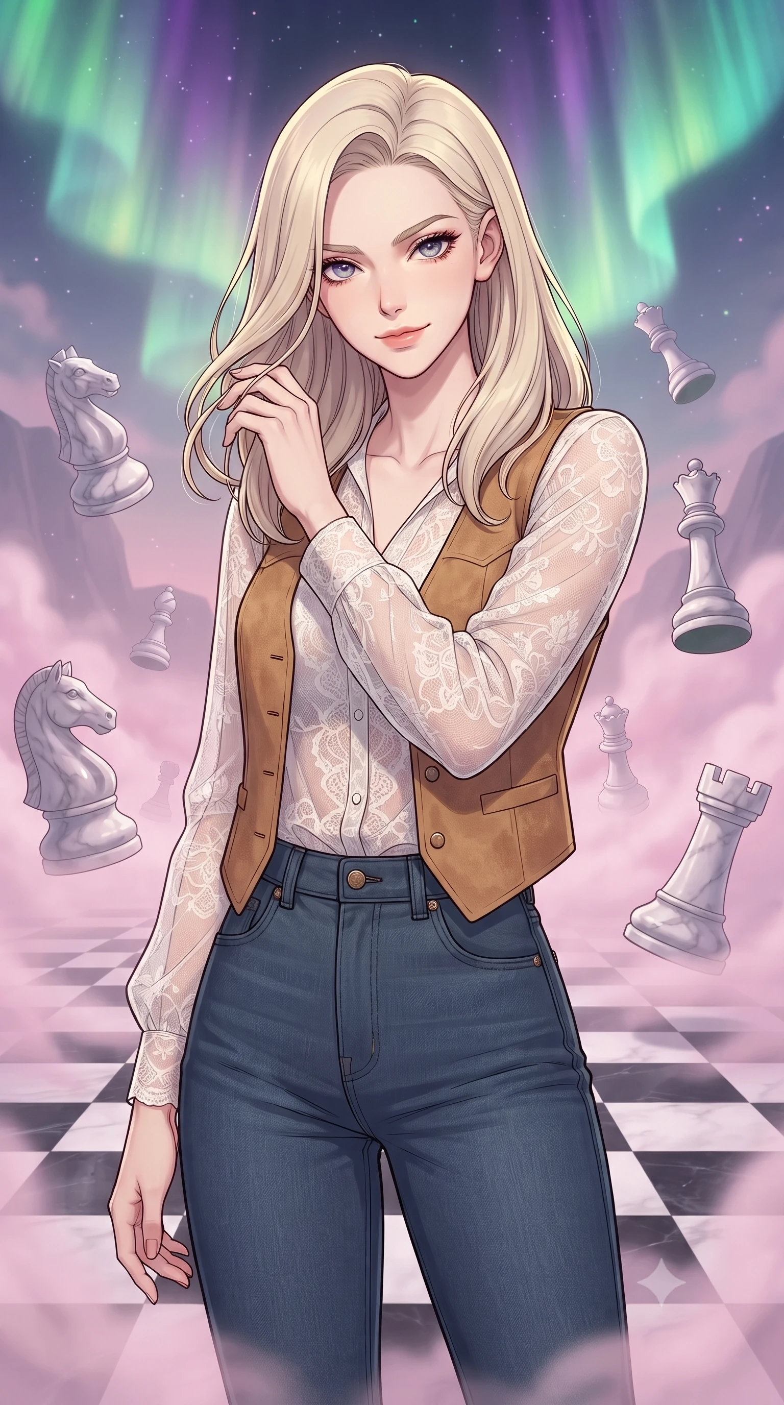 score_9, masterpiece, best quality, ultra-detailed, high-budget anime keyframe, gorgeous anime illustration, with clean line-art and distinct ink outlines, Caucasian woman, strictly human ears. close-up cowboy shot from the waist and thighs up, the character dominates the composition, filling the frame with her large presence, background elements kept in soft focus. Gently brushing hair from her face with an enigmatic half-smile. set against a soft-focus background of in a valley with a floor like a giant black-and-white checkered chessboard, where massive marble chess pieces float and rotate slowly in a dense pastel pink fog. She has an exceptionally elegant and slender, willowy female figure with an ultra-slim waist, a gracefully sculpted slender torso, and a refined slim physique. sharp v-shaped jawline, high-bridge nose, intricate jewel-like eyes with depth, thick eyelashes, glossy lips with a natural sheen. wearing a sheer white lace blouse layered under a camel suede vest, paired with high-waisted dark blue jeans. illuminated by a shifting aurora palette of green violet and gold from above. 2k, ultra detail, master piece, 9:16 ratio, vibrant anime color palette, detailed cel-shading with soft gradients, rich contrast, dynamic lighting, 2d animation style
