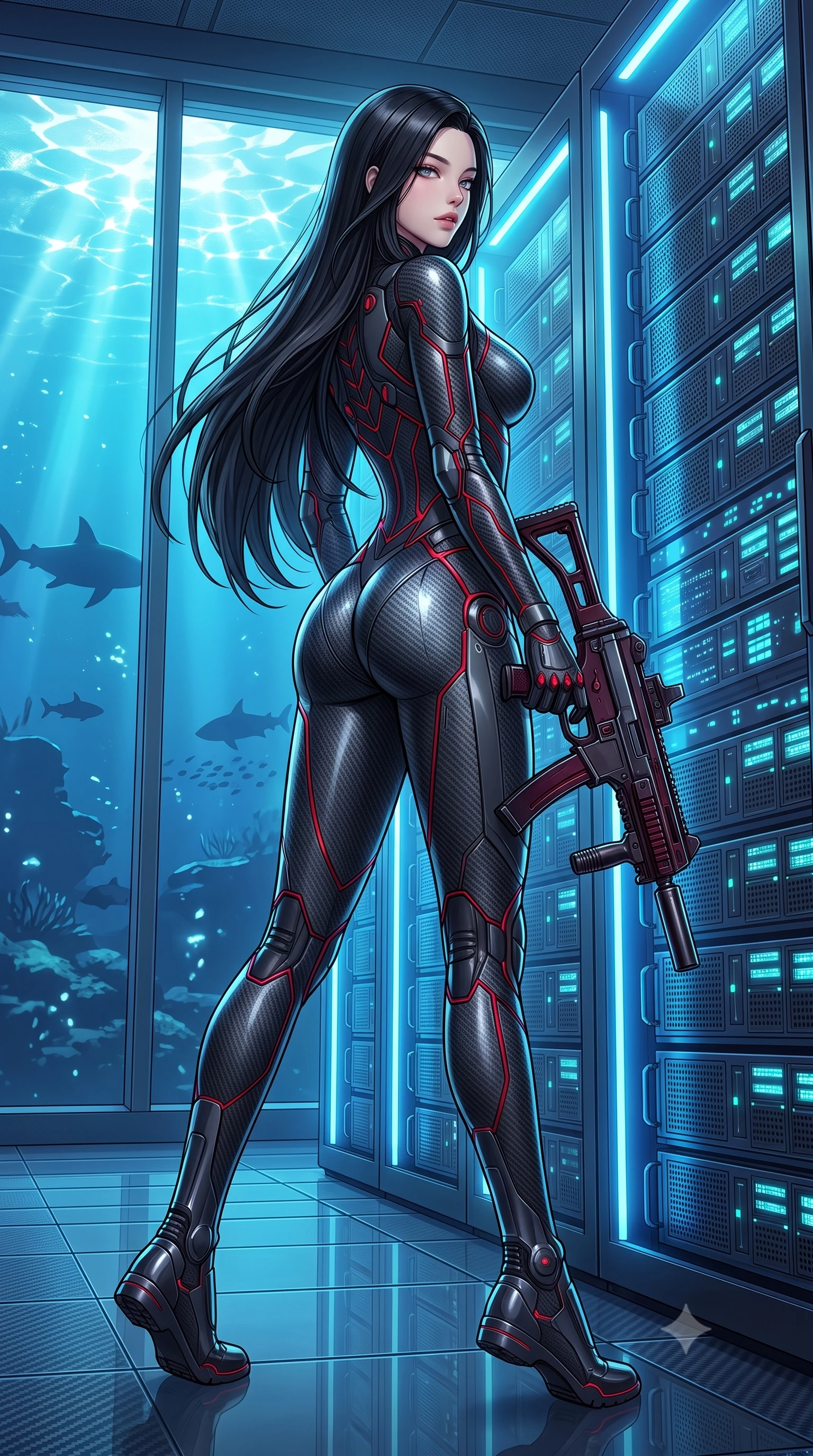 score_9, masterpiece, best quality, ultra-detailed, high-budget anime keyframe, semi-realistic 3D game render, editorial fashion photography, tasteful artistic composition, Korean woman. low angle full-body shot from head to toe showing her feet, filling the entire 9:16 vertical frame with her statuesque presence, stretching her vertical silhouette. pivoting dynamically in mid-motion with a breathtakingly alluring posture, displaying her flawless model proportions, toned flat midriff, and ultra-slim waist while leaning against a glowing server bank with twin pistols lowered, glancing over her shoulder with an alluring, bedroom-eyed gaze. The surrounding environment is rendered in vivid detail and crisp panoramic clarity. intricate carbon-fiber weave patterns, swimming sea-life silhouettes outside the glass, and floor tiles in high clarity. She has an absolutely perfect, statuesque 8.5-heads proportion, an exceptionally tall and slender model-like female figure with impossibly long slender legs, a toned flat midriff, and an ultra-slim waist. sharp v-shaped jawline, high-bridge nose, intricate jewel-like eyes with depth, thick eyelashes, glossy lips with a natural sheen, flawlessly proportioned anatomical accuracy, strict slender model proportions, natural body alignment, perfectly sculpted long slender limbs, ultra-slim waistline, clean dynamic posture without body distortion. wearing a second-skin dark gunmetal carbon-weave battle-suit with crimson laser conduits, brandishing a sleek high-tech composite submachine weapon with effortless allure in deep crimson carbon weave with specular dark chrome accents, made of lightweight aerodynamic carbon-titanium alloy with polished edge bevels, finished with high-mobility articulation joints and miniature magnetic armor locks, the form-contouring material adhering flawlessly to her sculpted flat midriff and slender torso, emphasizing her long leg lines and perfectly proportioned willowy build. bathed in luminous sapphire and cyan aquatic backlighting with glittering water surface caustics. rich saturated anime colors with glowing neon highlights, detailed shading with soft gradients, rich glossy textures, high-contrast stereoscopic depth, volumetric dynamic lighting, master piece, 9:16 ratio