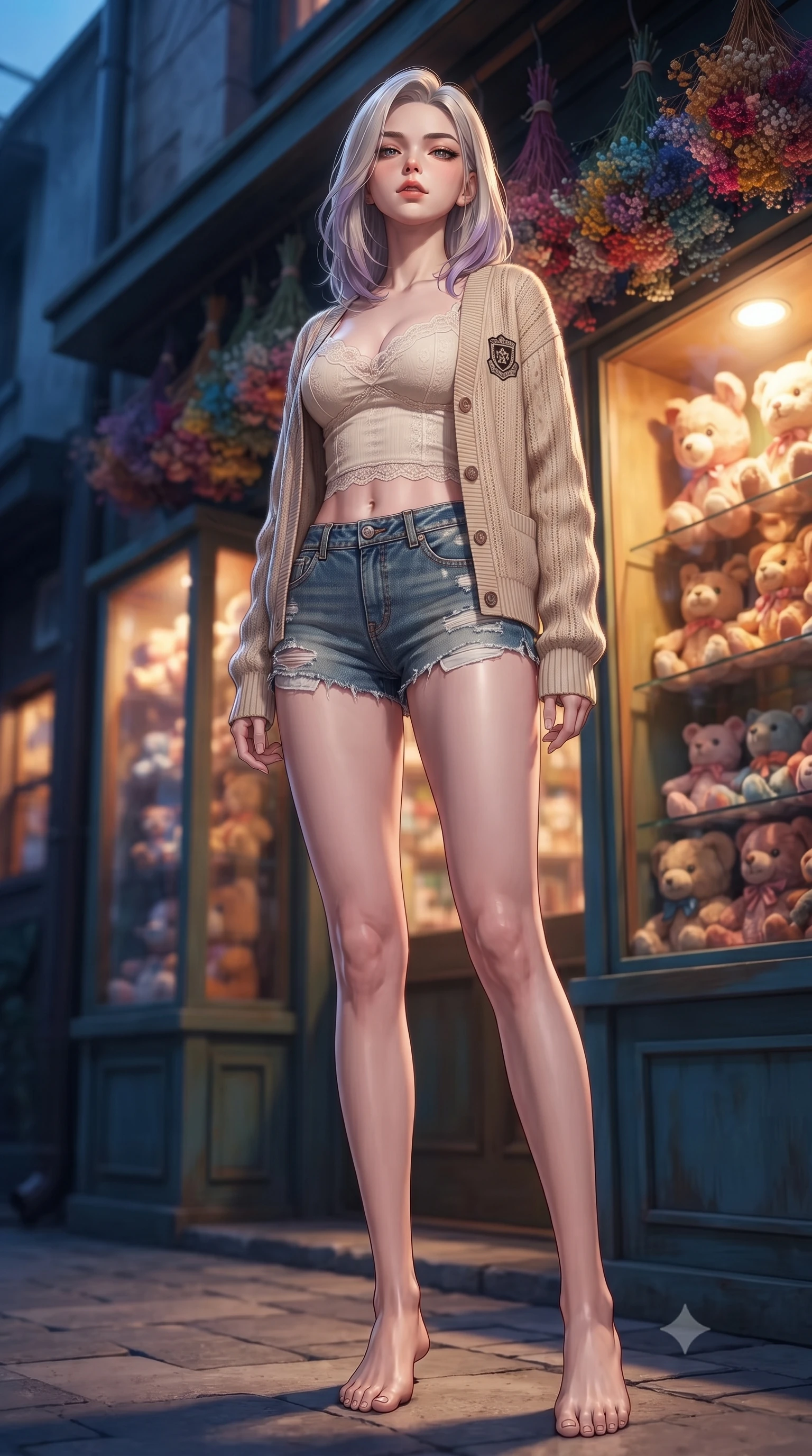 score_9, masterpiece, best quality, ultra-detailed, high-budget anime keyframe, editorial fashion photography, tasteful artistic composition, Caucasian woman. low angle full-body shot from head to toe showing her feet, filling the entire 9:16 vertical frame with her statuesque presence, stretching her vertical silhouette. standing in a captivating power pose, tilting her chin up with a smoldering, bright expression set against a soft-focus background of outside a retro toy boutique with cute window displays of stuffed animals with a display of colorful dried flower bouquets hanging from the shop roof. She has an absolutely perfect, statuesque 8.5-heads proportion, an exceptionally tall and slender model-like female figure with impossibly long slender legs and an ultra-slim waist. sharp v-shaped jawline, high-bridge nose, intricate jewel-like eyes with depth, thick eyelashes, glossy lips with a natural sheen. wearing body-hugging delicate lace-trim crop top in cream, worn under an open preppy cardigan and denim shorts. warm glow from the shop windows clashing with the cool blue alley shadows. ultra-reflective glossy finish, specular highlights, metallic sheen, high-contrast stereoscopic depth, volumetric dynamic lighting, 2k, ultra detail, master piece, 9:16 ratio