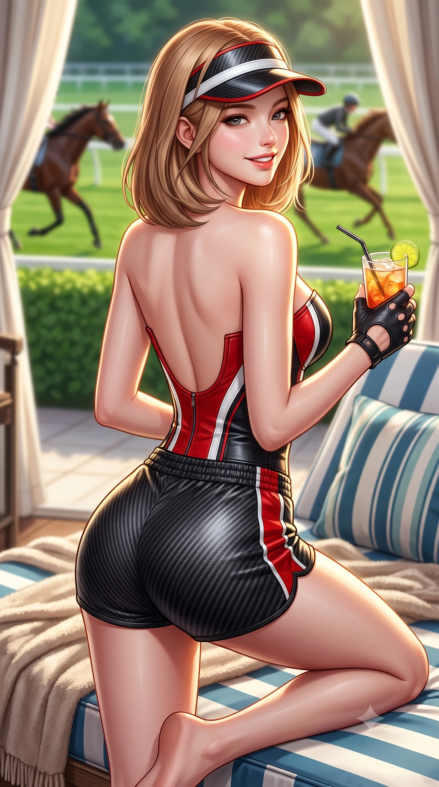 score_9, masterpiece, best quality, ultra-detailed, high-budget anime keyframe, semi-realistic 3D game render, editorial fashion photography, tasteful artistic composition, Korean woman. close-up cowboy shot from the waist and thighs up, the character dominates the composition, filling the frame with her large presence. posing in an alluring rear three-quarter angle, turning over a bare shoulder with an intoxicating gaze, her hips cocked back to highlight her slim hourglass curve against the paddock lights while lounging in a poolside striped cabana daybed with one knee bent, holding an iced cocktail with effortless Palm Beach old-money coolness. The background shows a soft-focus thoroughbred horses trotting along green exercise tracks softened in aristocratic equestrian shallow focus. She has an exceptionally elegant, slender, and willowy female figure with an ultra-slim waist, flat toned midriff, narrow ribcage, and sculpted feminine hips creating an alluring, slim hourglass silhouette without bulk. sharp v-shaped jawline, high-bridge nose, sparkling eyes with athletic focus and depth, thick curled eyelashes, glossy parted lips with a natural coral-peach sheen, bright confident and coquettish smile with alluring bedroom-eyes, exuding both youthful sporty vigor and sovereign high-society glamour, flawlessly proportioned anatomical accuracy, strict slender model proportions, natural body alignment, perfectly sculpted long slender limbs, ultra-slim waistline, clean dynamic posture without body distortion. wearing a strapless structured leather corset top with racing stripe accents paired with high-waisted track shorts in Scuderia racing red and pure alabaster white, tailored from lightweight aerodynamic carbon-fiber composite with structured weave, accented with a sporty retro tennis visor and fingerless leather driving gloves, the precision-cut side openings and low-back scoop framing her graceful spine and the sensual sweep of her slim, athletic hips. illuminated by green lawn bounce fill and sharp warm-gold rim lights defining her sculpted collarbones, ultra-slim waist, and curvy hips. highly saturated vibrant anime colors, detailed shading with soft gradients, rich glossy textures, high-contrast stereoscopic depth, volumetric dynamic lighting, master piece, 9:16 ratio