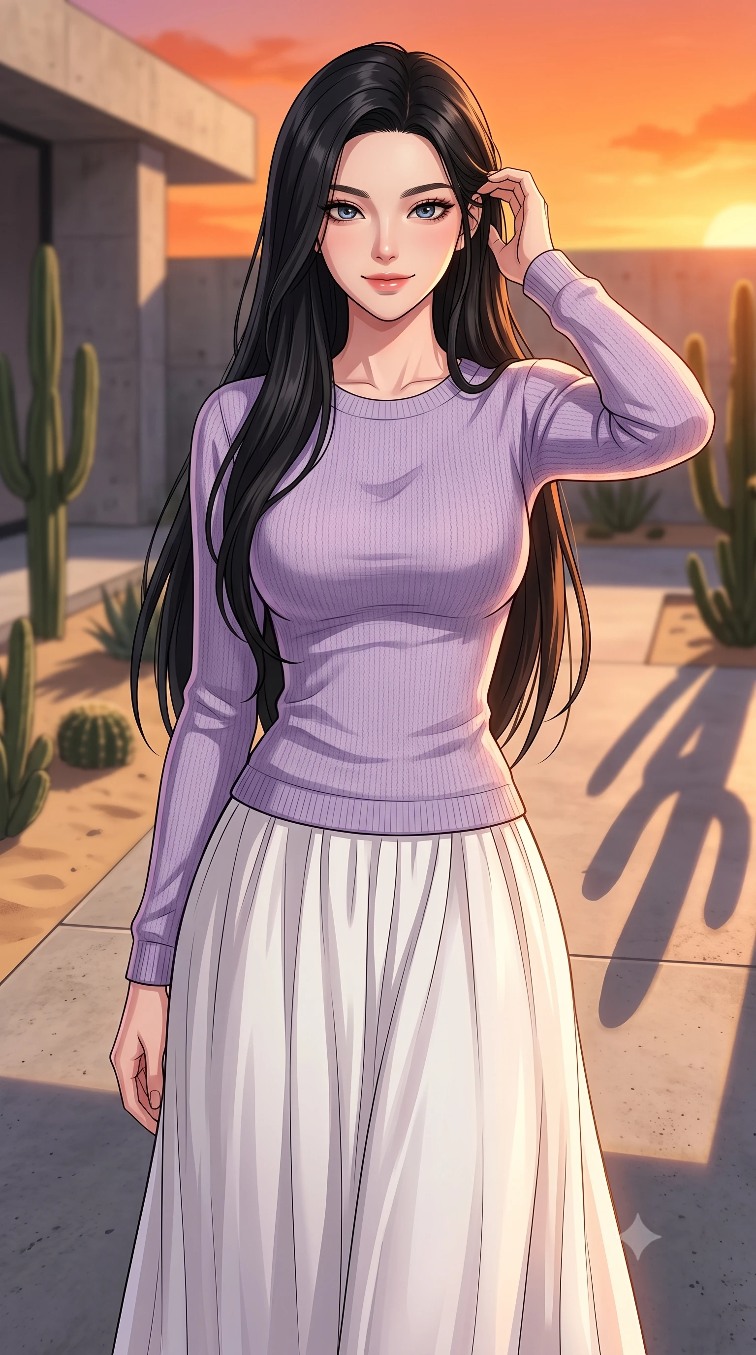 score_9, masterpiece, best quality, ultra-detailed, high-budget anime keyframe, tasteful artistic composition, Korean woman. close-up cowboy shot from the waist and thighs up, the character dominates the composition, filling the frame with her large presence, background elements kept in soft focus. smiling with quiet, magnetic self-assurance directly into the camera, running a hand through her hair the background shows a soft-focus a modern concrete villa garden with minimalist cacti and sand landscaping at sunset. She has an exceptionally elegant, slender, and willowy female figure with an ultra-slim waist, a gracefully sculpted slender torso, and a refined silhouette. sharp v-shaped jawline, high-bridge nose, intricate jewel-like eyes with depth, thick eyelashes, glossy lips with a natural sheen. wearing a slim-fit comfortable lavender knit sweater paired with a flowy white cotton maxi skirt. the dramatic orange glow of a sunset casting long cactus shadows. highly saturated vibrant anime colors, cel-shading, 2d style, master piece, 9:16 ratio