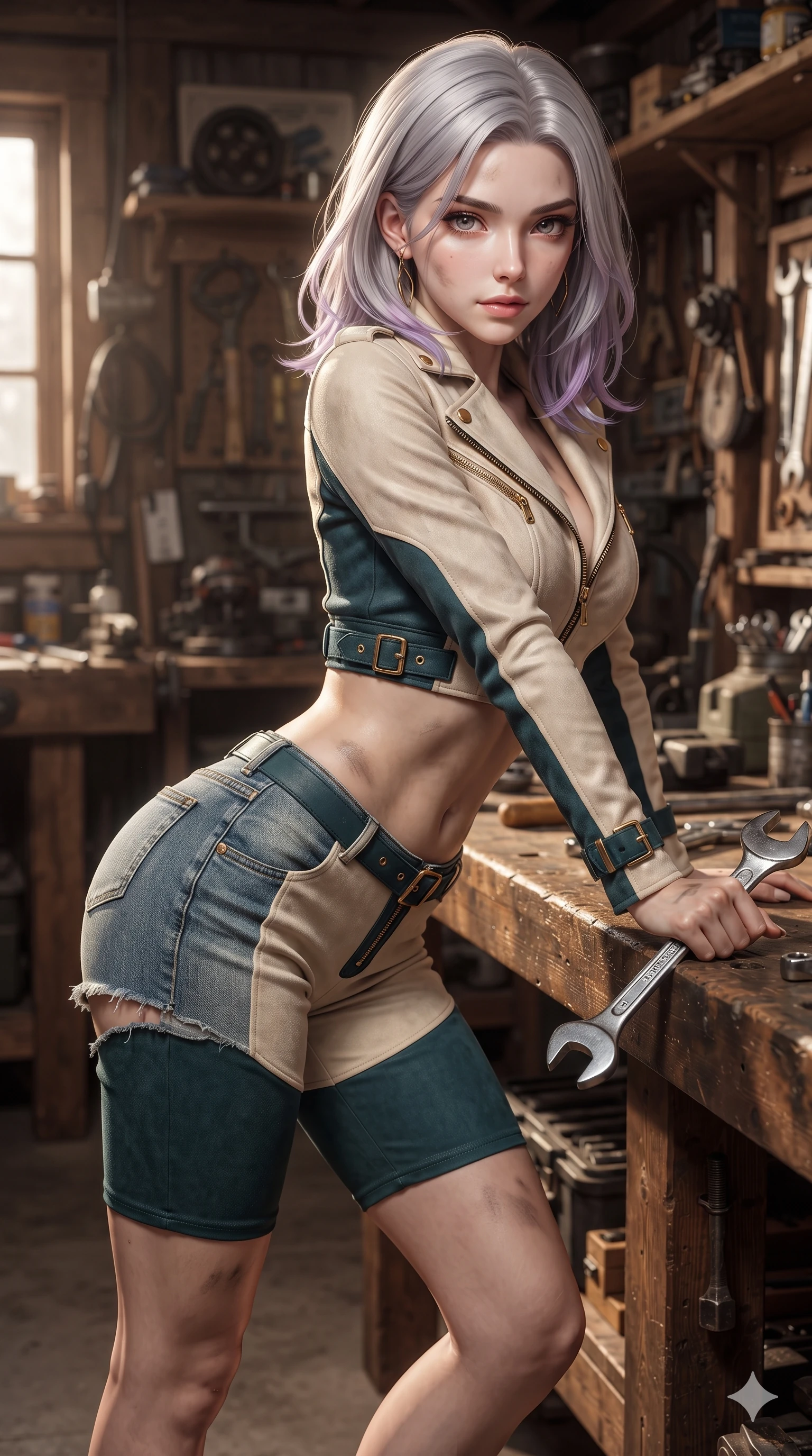 score_9, masterpiece, best quality, ultra-detailed, high-budget anime keyframe, editorial fashion photography, tasteful artistic composition, Caucasian woman. close-up cowboy shot from the waist and thighs up, the character dominates the composition, filling the frame with her large presence. leaning forward while arching her lower back to accentuate her curvy hips, looking into the camera with an intoxicating smoldering gaze and bedroom-eyes while leaning against a heavy-duty timber workbench holding a chrome wrench, hips cocked back as directional sunbeams carve specular highlights along her silhouette. The surrounding environment is rendered in vivid detail and crisp panoramic clarity: detailed cut-off denim texture, subtle smudge on skin, and authentic workshop craftsmanship in high resolution. She has an exceptionally elegant, slender, and willowy female figure with an ultra-slim waist, flat toned midriff, narrow ribcage, and sculpted feminine hips creating an alluring, slim hourglass silhouette without bulk. sharp v-shaped jawline, high-bridge nose, sparkling eyes with hypnotic seductive depth, thick curled eyelashes, glossy parted lips with a natural dewy peach sheen, alluring bedroom-eyes with an enchanting coquettish smile, exuding magnetic siren charisma and sophisticated glamour, flawlessly proportioned anatomical accuracy, strict slender model proportions, natural body alignment, perfectly sculpted long slender limbs, ultra-slim waistline, clean dynamic posture without body distortion. wearing a modern two-piece desert outlaw set featuring a zip-front crop jacket and curve-hugging low-rise biker shorts in high-contrast coastal monochrome with gold hardware, crafted from supple double-faced desert suede with an exceptionally soft matte finish, finished with sleek heavy-duty brass zip pulls and buckled moto straps, the impeccably tailored cut draping gracefully along her slender figure with aristocratic western poise. illuminated by polished metal tool bounce and sharp amber-gold rim lights defining her razor-sharp jawline, narrow waist, and curvy hips. ultra-reflective glossy finish, specular highlights, rich textural contrasts, high-contrast stereoscopic depth, volumetric dynamic lighting, 2k, ultra detail, master piece, 9:16 ratio