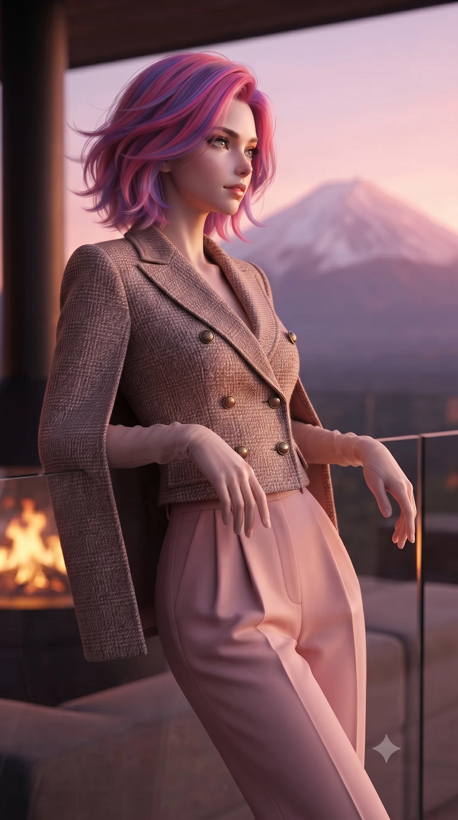 score_9, masterpiece, best quality, ultra-detailed, high-budget anime keyframe, editorial fashion photography, tasteful artistic composition, Caucasian woman. close-up cowboy shot from the waist and thighs up, the character dominates the composition, filling the frame with her large presence. turning slowly with an enchanting smoldering smile, her glossy hair tossing in the breeze as her hips angle gracefully in a captivating contrapposto while leaning against the frameless structural glass balustrade with hips cocked back, looking at Mount Fuji glowing in sunset-rose twilight with smoldering bedroom-eyes. The background shows a soft-focus dancing charcoal hearth flames softened in modern Hakone mountain retreat shallow focus. She has an exceptionally elegant, slender, and willowy female figure with an ultra-slim waist, flat toned midriff, narrow ribcage, and sculpted feminine hips creating an alluring, slim hourglass silhouette without bulk. sharp v-shaped jawline, high-bridge nose, intricate jewel-like sparkling eyes with depth, thick eyelashes, glossy parted lips with a natural peach sheen, bright cheerful beaming smile with an enchanting and coquettish sensual glint, exuding both youthful cute charm and seductive allure, flawlessly proportioned anatomical accuracy, strict slender model proportions, natural body alignment, perfectly sculpted long slender limbs, ultra-slim waistline, clean dynamic posture without body distortion. wearing a tailored Andalusian equestrian double-breasted tweed cape blazer paired with pleated wool trousers in rose-quartz blush and antique burnished brass, tailored from ultra-plush silk velvet with rich tactile depth and deep shadow gradients, complemented by sheer opera-length evening gloves tracing her slender arms, the bespoke structured tailoring following the natural line of her 8.5-heads silhouette with refined elegance. bathed in the contrast of warm 2200K charcoal hearth embers and pastel alpenglow twilight washing across the sky. ultra-reflective glossy finish, specular highlights, rich textural contrasts, high-contrast stereoscopic depth, volumetric dynamic lighting, 2k, ultra detail, master piece, 9:16 ratio