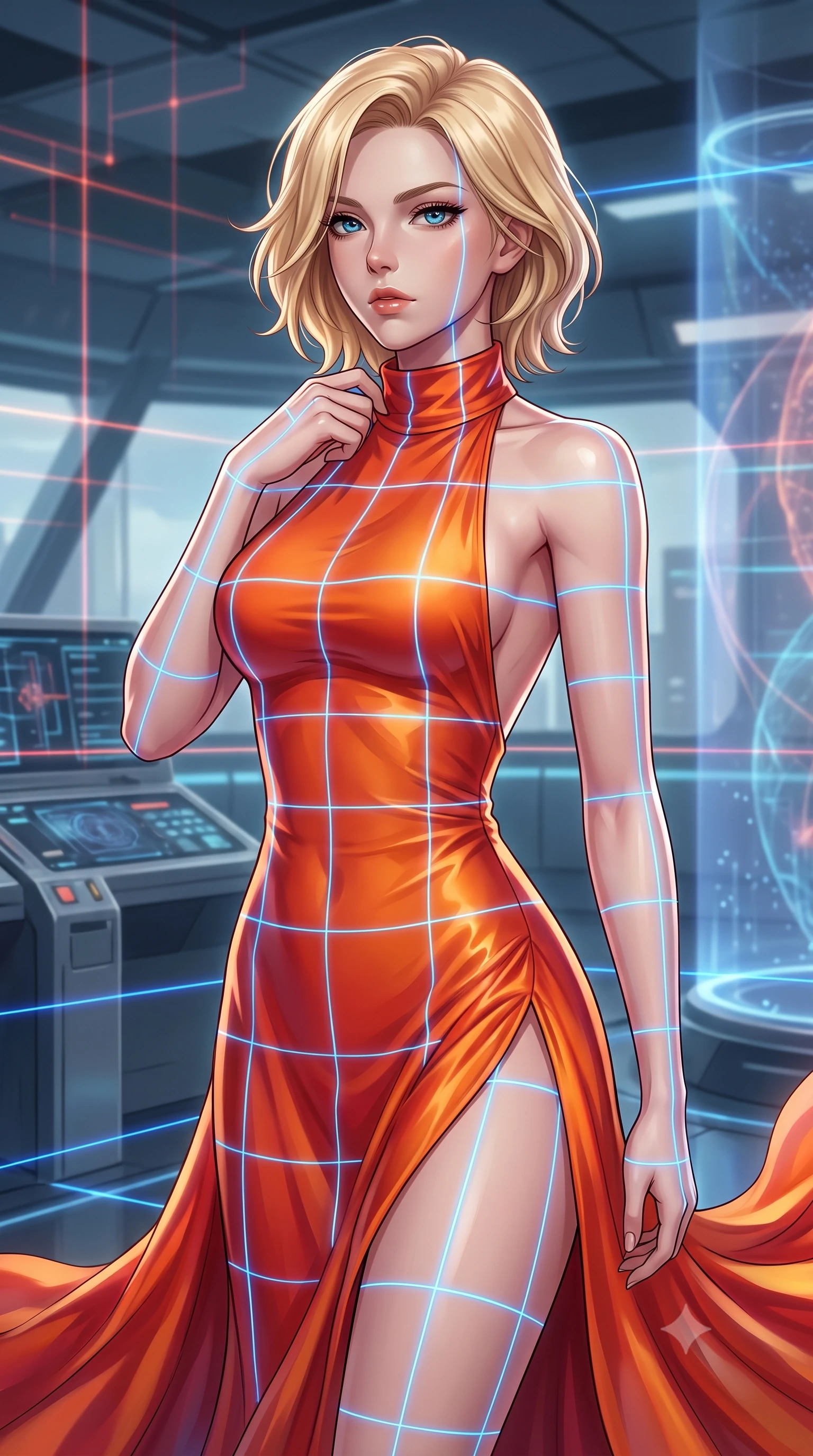 score_9, masterpiece, best quality, ultra-detailed, high-budget anime keyframe, editorial fashion photography, tasteful artistic composition, Caucasian woman. close-up cowboy shot from the waist and thighs up, the character dominates the composition, filling the frame with her large presence, background elements kept in soft focus. adjusting the high collar of her body-hugging suit, looking past the camera with quiet, sharp focus and a composed expression, the background shows a soft-focus a glass bridge calibration bay inside a laboratory with laser grids. She has an exceptionally elegant, slender, and willowy female figure with an ultra-slim waist, a gracefully sculpted slender torso, and a refined silhouette. sharp v-shaped jawline, high-bridge nose, intricate jewel-like eyes with depth, thick eyelashes, glossy lips with a natural sheen. wearing a form-contouring high-slit space combat gown in sunset orange chiffon, featuring a daring thigh-slit and an open-back design. focused blue laser lines tracing her form with precision, casting gridlines. highly saturated vibrant anime colors, detailed shading with soft gradients, rich glossy textures, high-contrast stereoscopic depth, volumetric dynamic lighting, master piece, 9:16 ratio