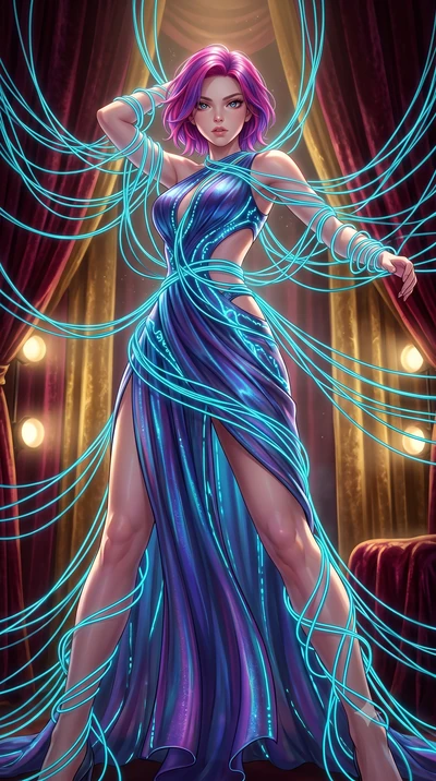 score_9, masterpiece, best quality, ultra-detailed, High-budget Anime Keyframe, Caucasian woman, strictly human ears. Low angle cowboy shot filling the entire 9:16 frame with her statuesque presence. Scenario 367: tangled in a web of glowing cyan fib