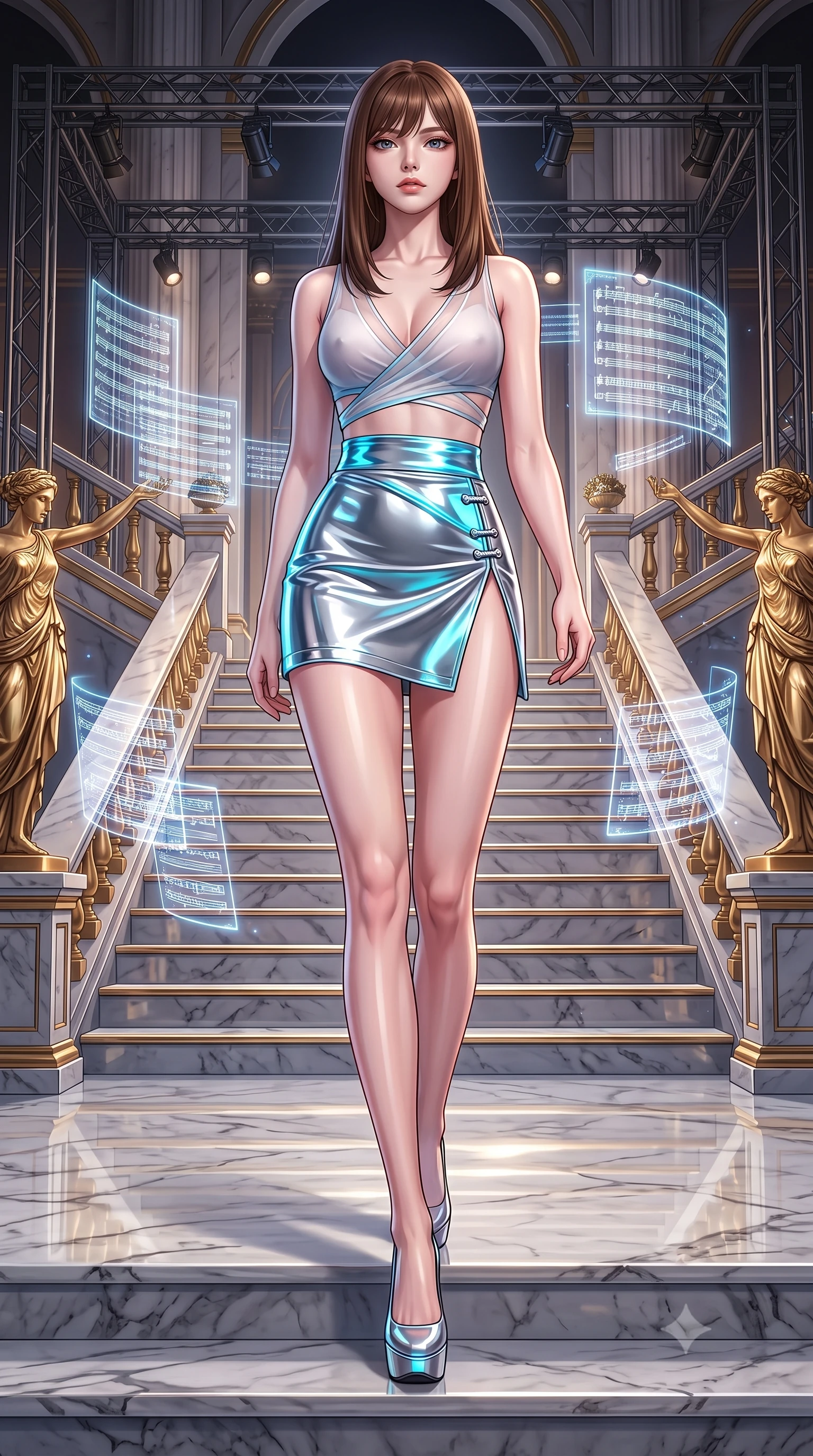 score_9, masterpiece, best quality, ultra-detailed, high-budget anime keyframe, semi-realistic 3D game render, editorial fashion photography, tasteful artistic composition, Korean woman. low angle full-body shot from head to toe showing her feet, filling the entire 9:16 vertical frame with her statuesque presence, stretching her vertical silhouette. striding forward in a proud, statuesque motion with a dangerous smolder, her vertical silhouette dominating the frame from head to toe while pivoting dynamically on a grand marble staircase flanked by golden statues and holographic musical scores. The surrounding environment is rendered in vivid detail and crisp panoramic clarity. sharp marble floor reflections, detailed stage rigging, and holographic light glyphs in high resolution. She has an absolutely perfect, statuesque 8.5-heads proportion, an exceptionally tall and slender model-like female figure with impossibly long slender legs and an ultra-slim waist. sharp v-shaped jawline, high-bridge nose, intricate jewel-like eyes with depth, thick eyelashes, glossy lips with a natural sheen, flawlessly proportioned anatomical accuracy, natural body alignment, perfectly sculpted elegant limbs, clean dynamic posture without body distortion. wearing a shortened cyber-fusion wrap top with transparent chiffon panels, a deep crossover neckline, and a high-waisted metallic sash that accentuates her ultra-slim waist in liquid mercury silver and glowing electric cyan, formed from high-gloss patent material with specular light reflections, finished with an ultra-high side slit secured by miniature magnetic clasps, the form-contouring second-skin material highlighting her ultra-slim waist and long lines. surrounded by an opulent, dramatic, and intensely seductive high-culture editorial aura. highly saturated vibrant anime colors, detailed shading with soft gradients, rich glossy textures, high-contrast stereoscopic depth, volumetric dynamic lighting, master piece, 9:16 ratio